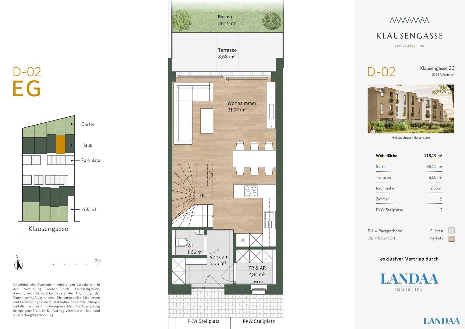 Grundriss des Erdgeschosses mit Wohnzimmer, Terrasse, Garten und Parkplätzen.
