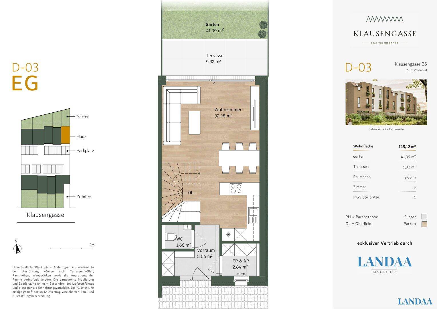 Grundriss des Erdgeschosses mit Wohnzimmer, Küche, Terrasse und Garten.