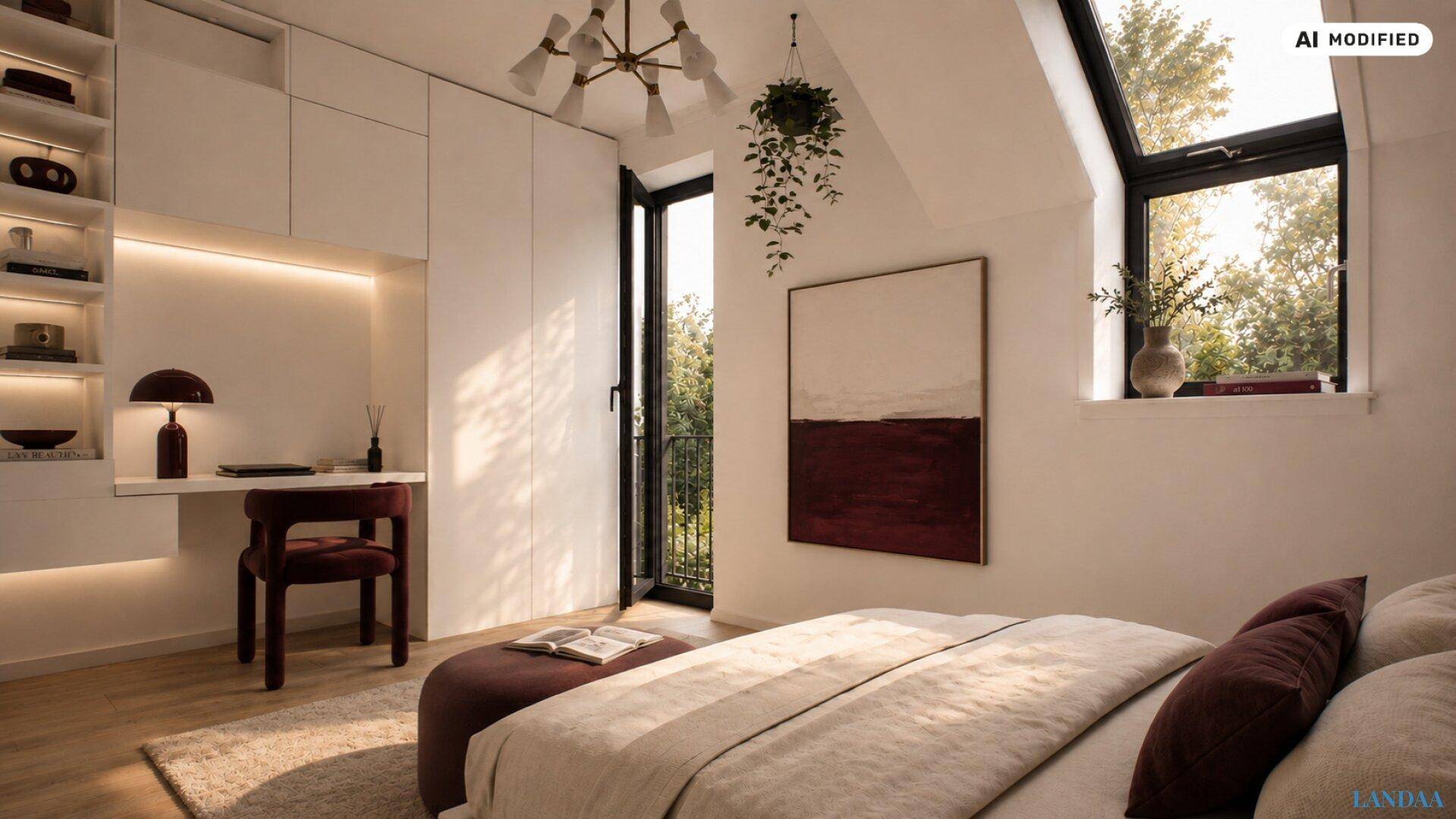 Helles Schlafzimmer mit Dachschräge, Schreibtisch und Zugang zu einem französischen Balkon.