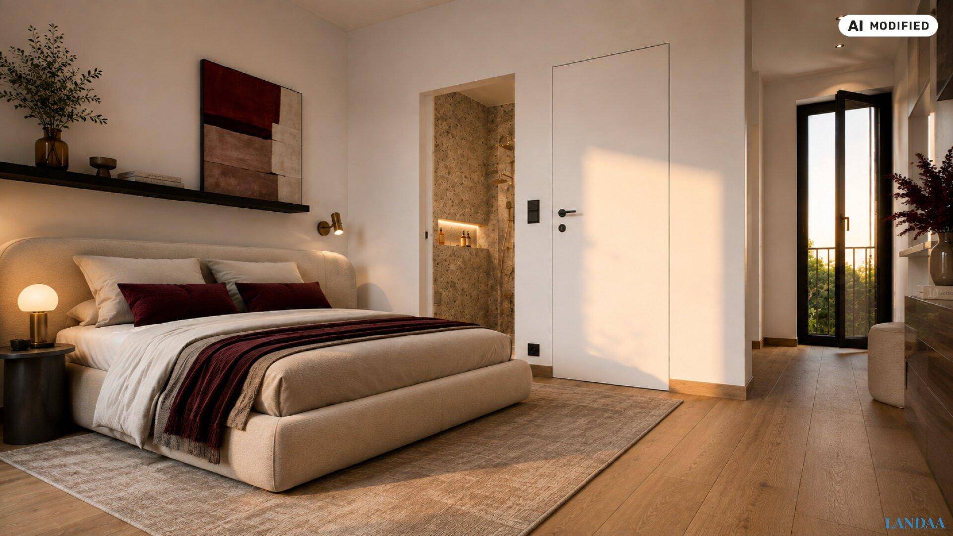 Helles Schlafzimmer mit Holzboden, Zugang zum Balkon und angrenzendem modernen Bad.