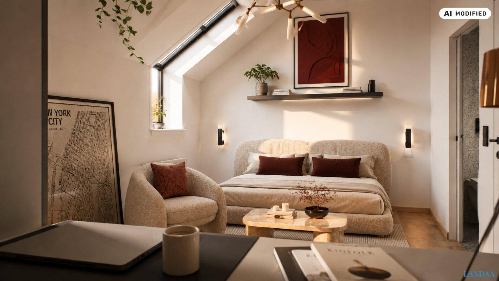 Gemütliches Schlafzimmer mit Dachschräge, Schreibtisch und viel natürlichem Licht durch das Dachfenster.
