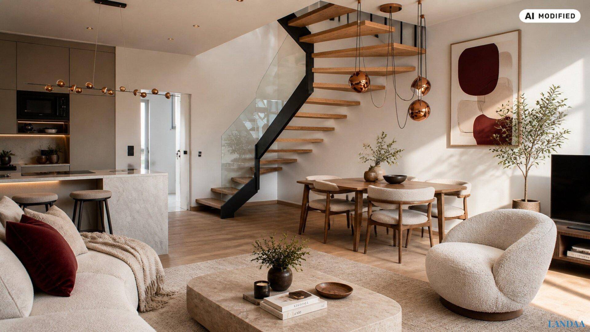 Geräumiger Wohn-Essbereich mit offener Küche, eleganter Holztreppe und modernem Design.