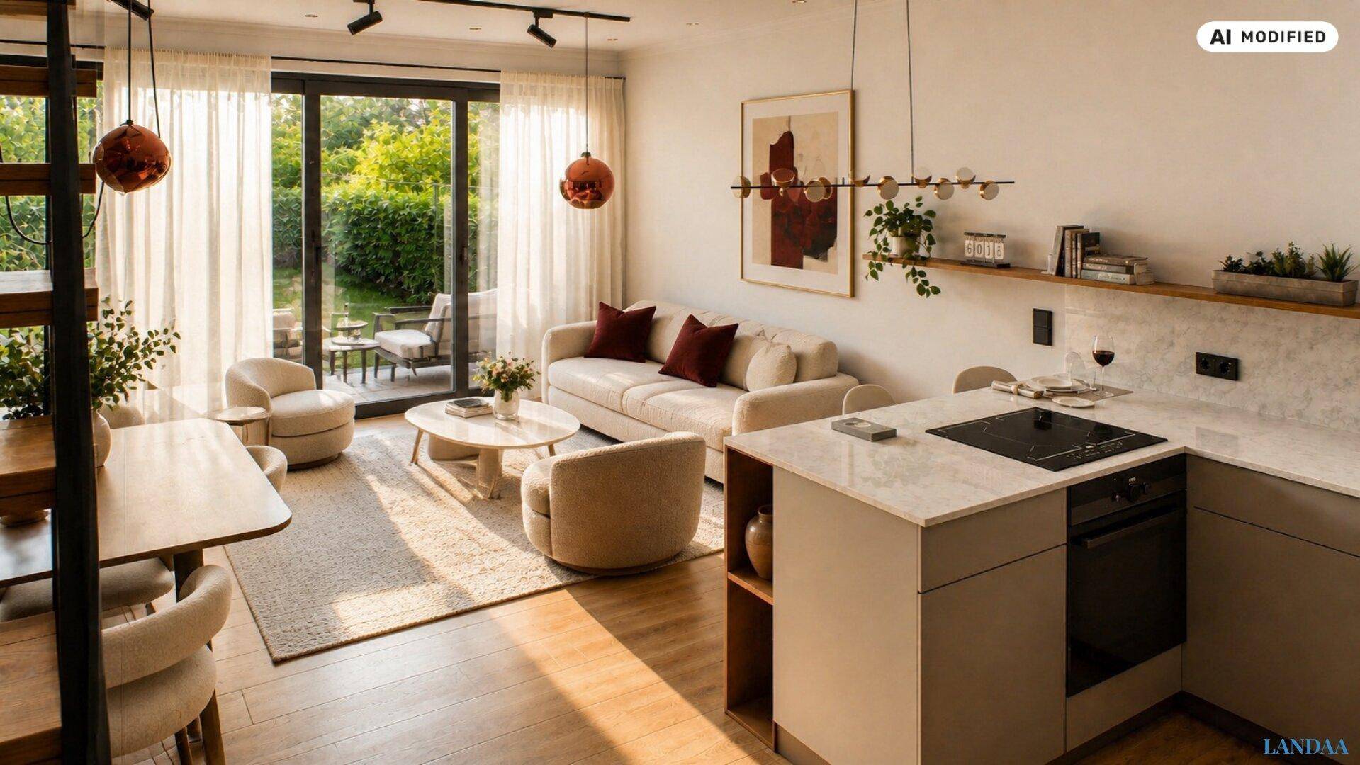 Heller Wohn- und Essbereich mit Zugang zur Terrasse und Blick in den grünen Garten.