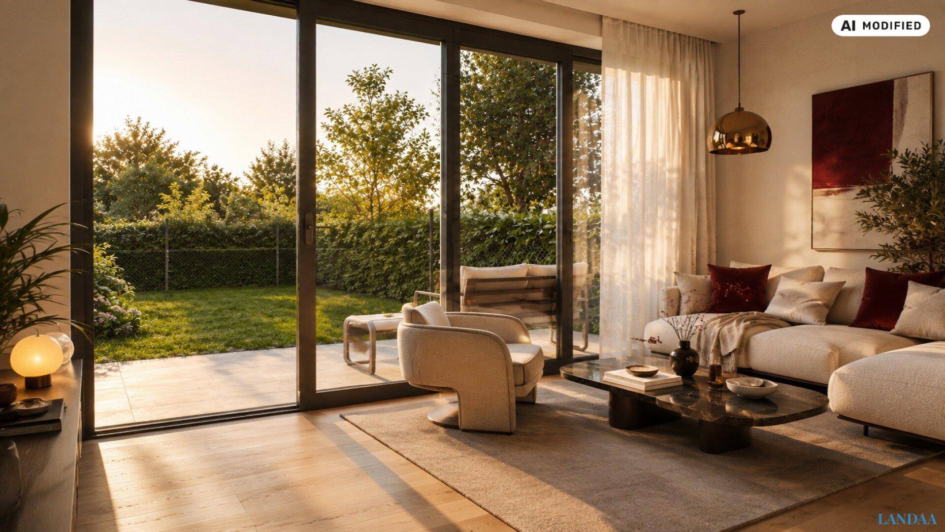 Lichtdurchflutetes Wohnzimmer mit großen Glasfronten und direktem Zugang zum privaten Garten.