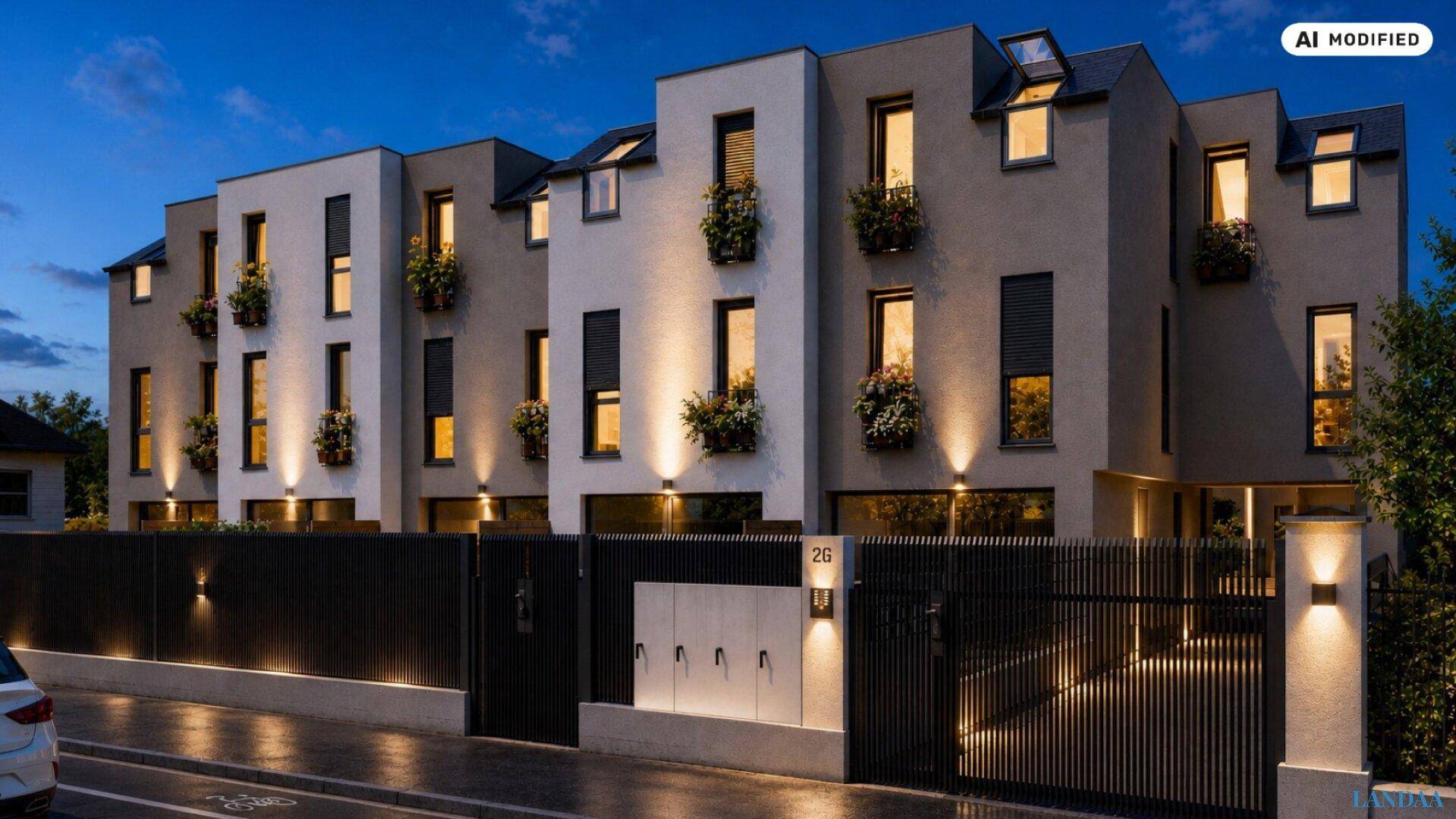 Moderne Reihenhäuser mit beleuchteter Fassade und Eingangsbereich in der Nacht, sichere Umgebung.