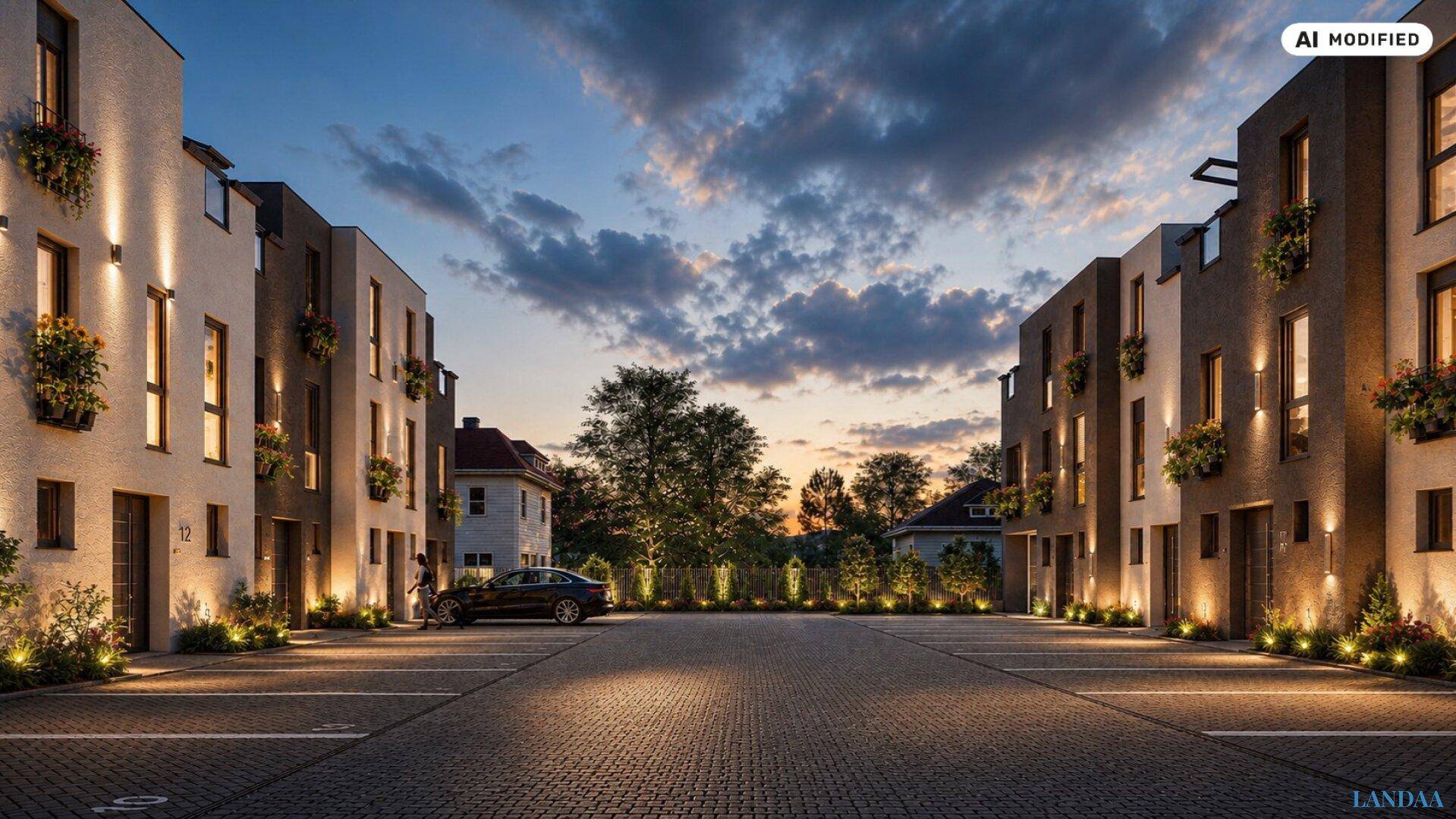 Moderne Wohnanlage mit Parkplätzen und beleuchteter Außenanlage in der Abenddämmerung.
