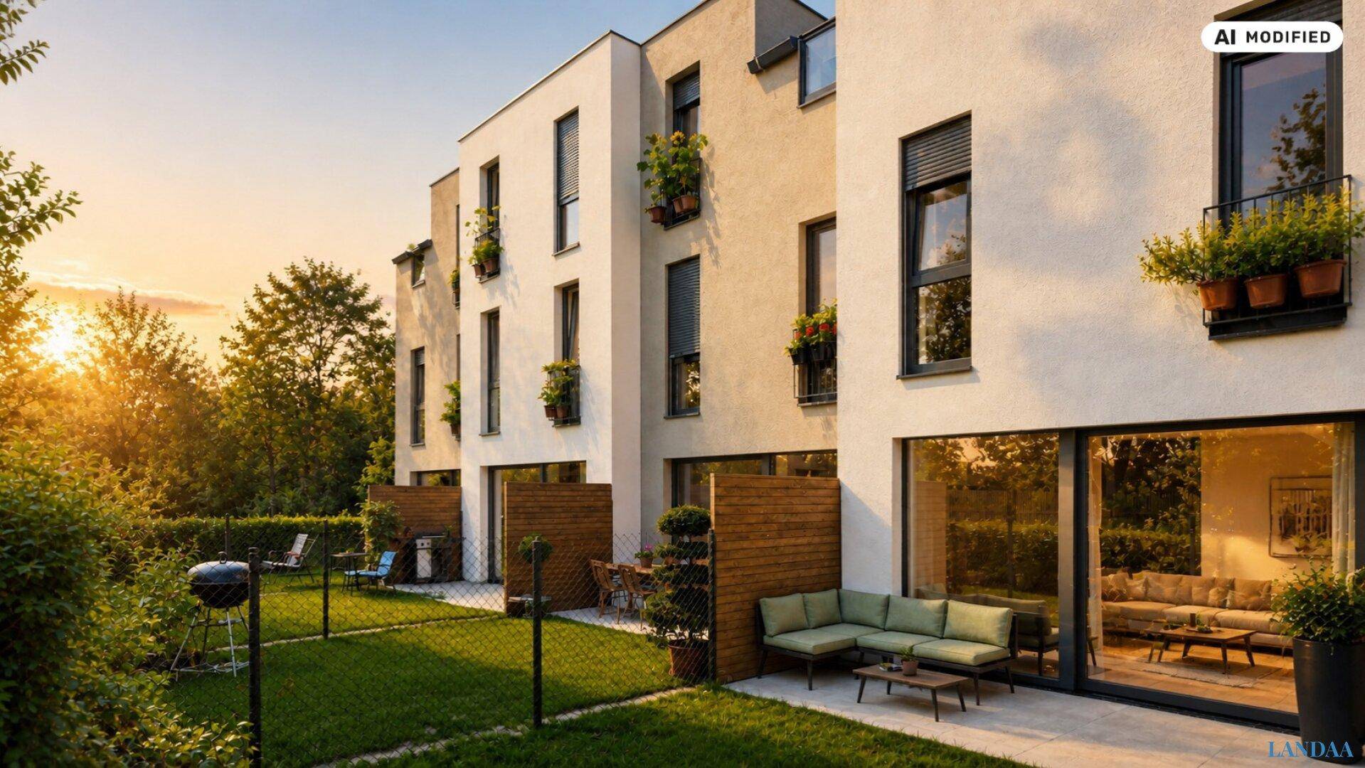 Reihenhäuser mit privaten Gärten und Terrassen bei Sonnenuntergang, ideal für Entspannung im Freien.
