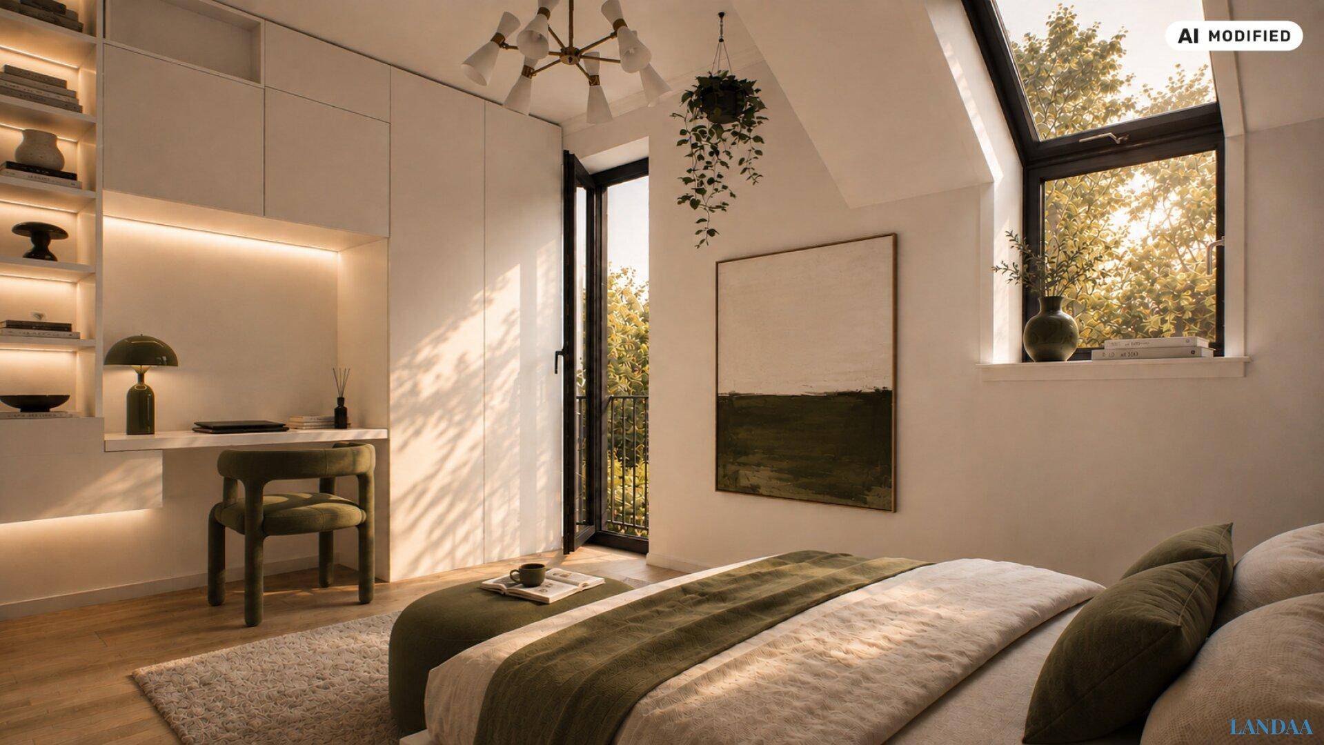 Gemütliches Schlafzimmer im Dachgeschoss mit Schreibtisch und Dachfenster.