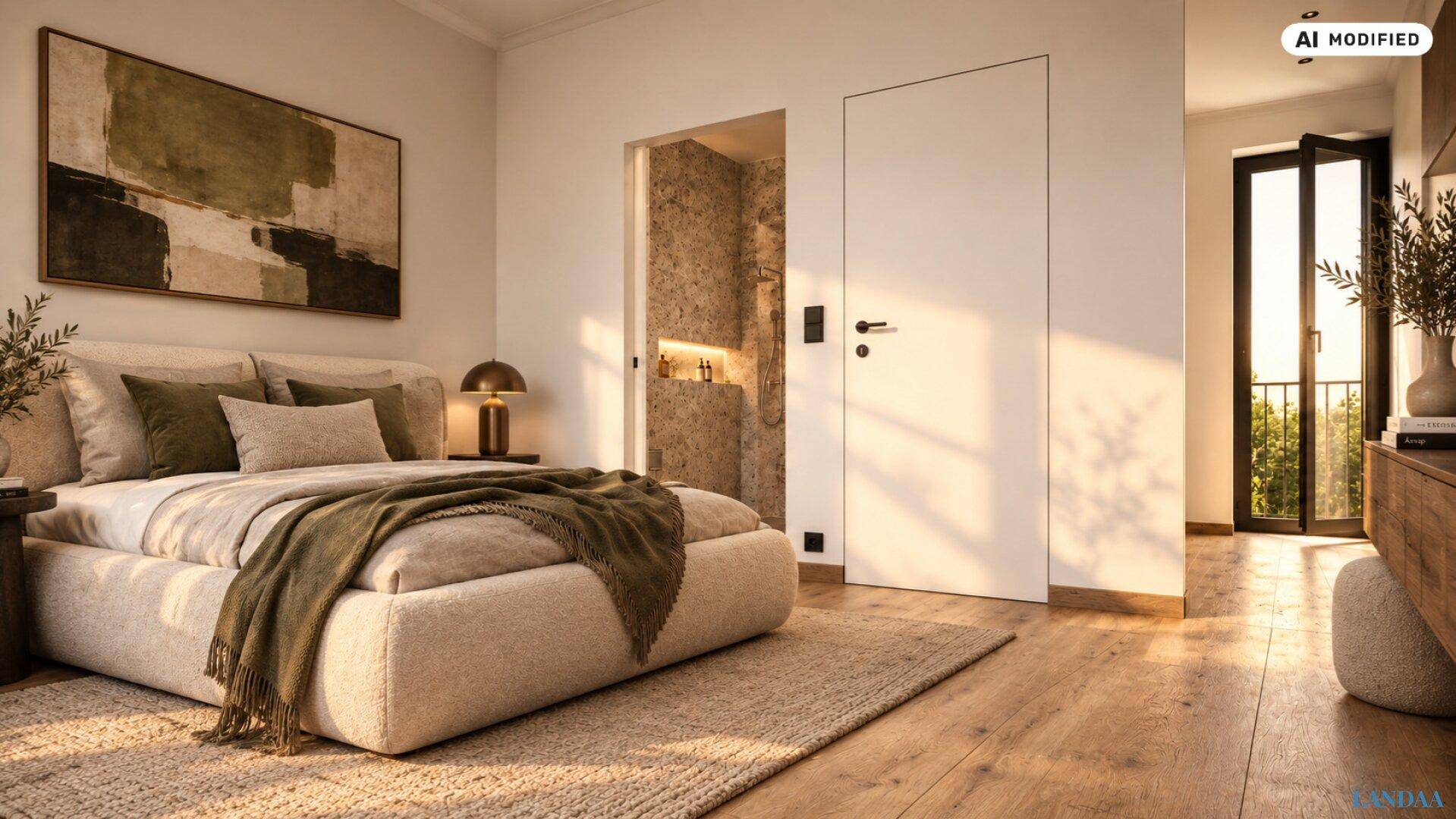 Helles Schlafzimmer mit Holzboden, modernem Bett und Zugang zum Balkon.
