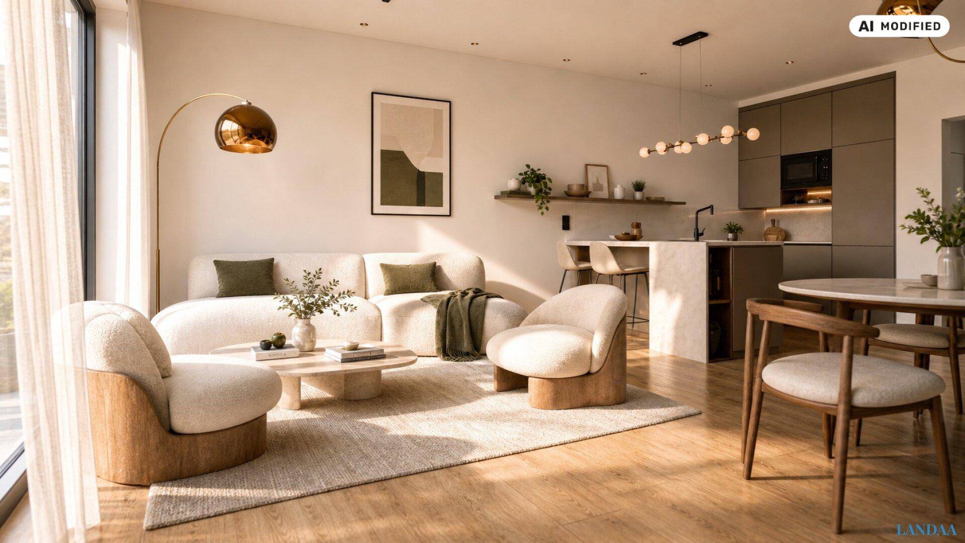 Helles, offenes Wohnzimmer mit moderner Einrichtung und integrierter Küche.