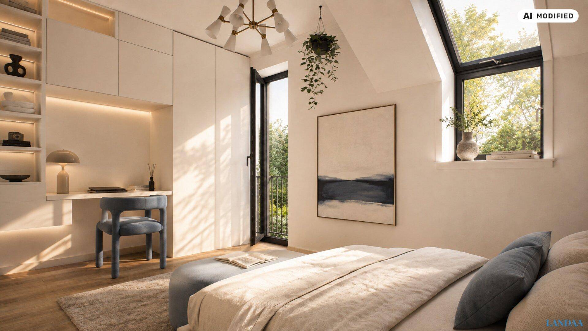 Helles Schlafzimmer mit Dachschräge, Schreibtisch und französischem Balkon.