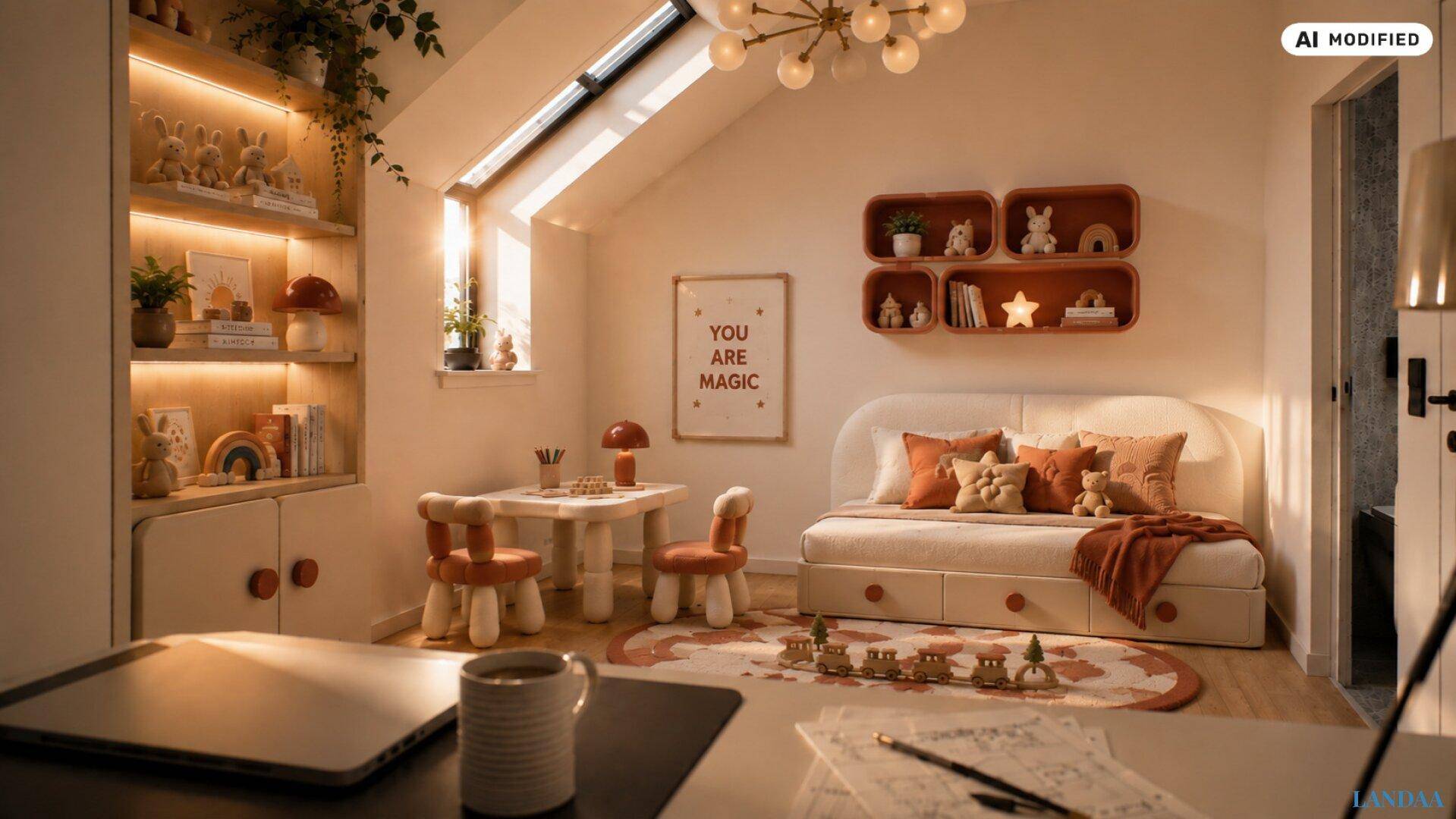 Freundliches Kinderzimmer mit Dachschräge, Spielbereich und viel natürlichem Licht.