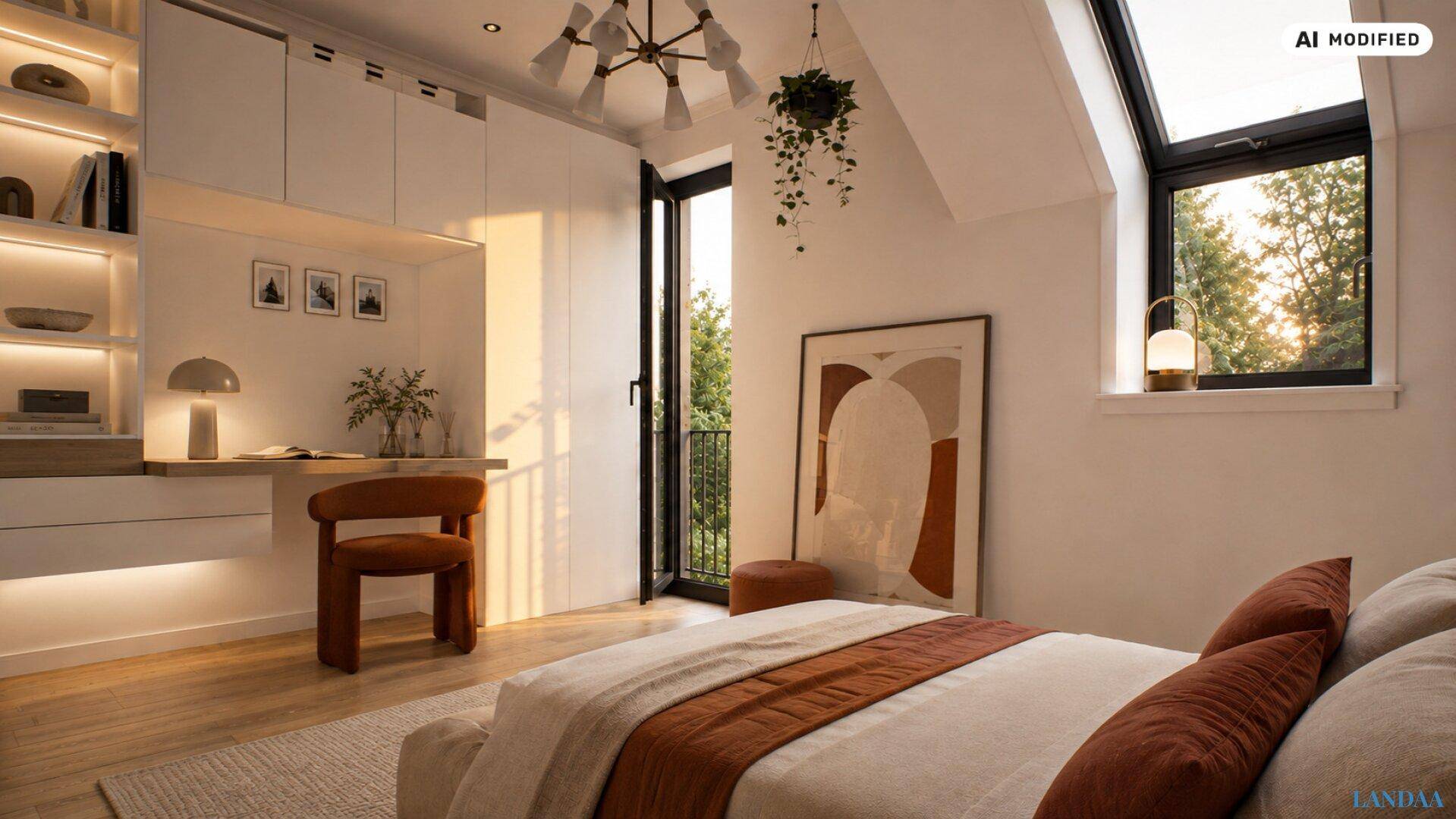 Helles Schlafzimmer mit Dachschräge, integriertem Schreibtisch und Zugang zu einem kleinen Balkon.