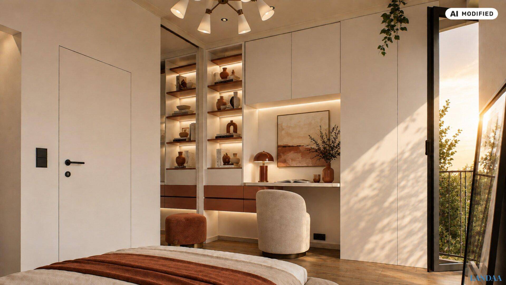 Schlafzimmer mit integrierten Regalen, Schreibtisch und Zugang zu einem kleinen Balkon.