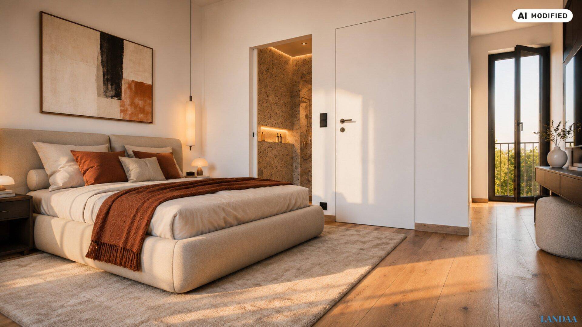 Modernes Schlafzimmer mit großem Bett, Zugang zum Balkon und angrenzendem Badezimmer.