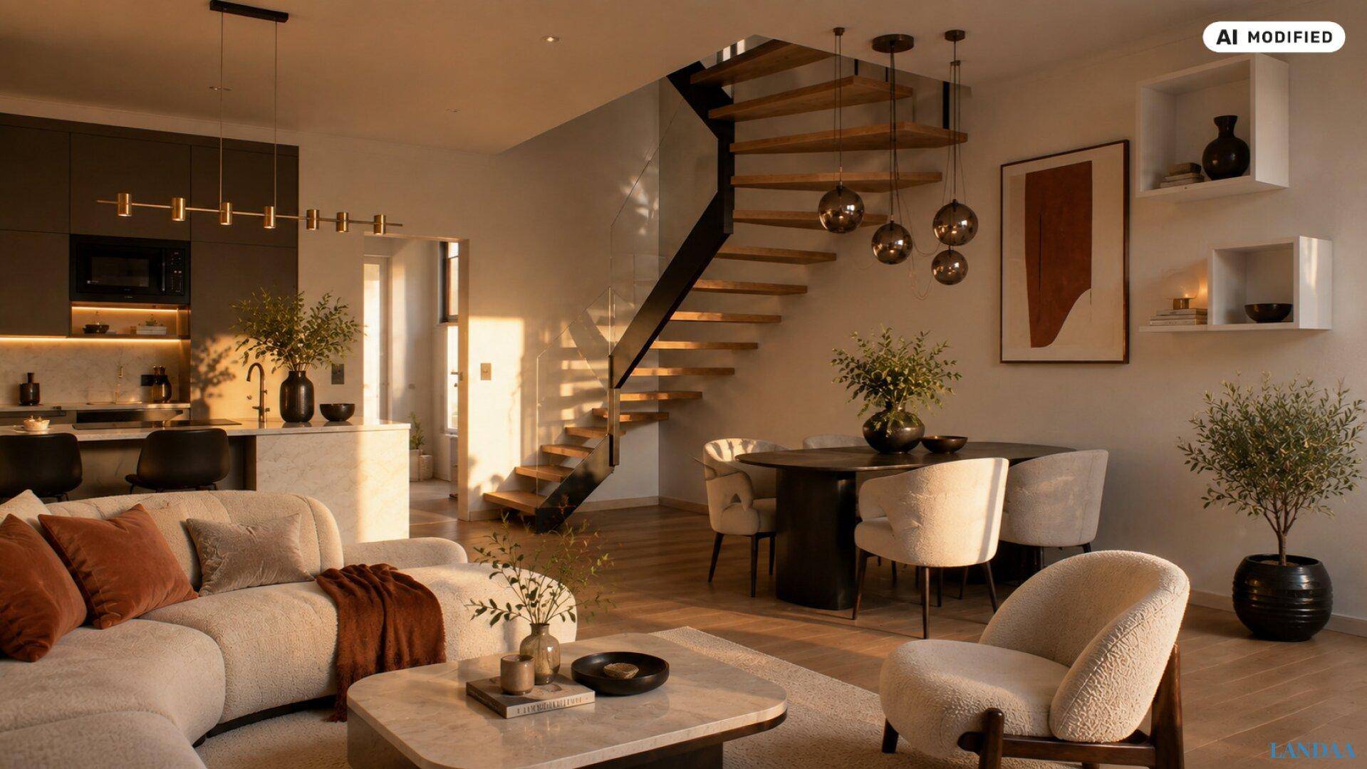 Offener Wohnbereich mit moderner Küche, Essbereich und eleganter Holztreppe.