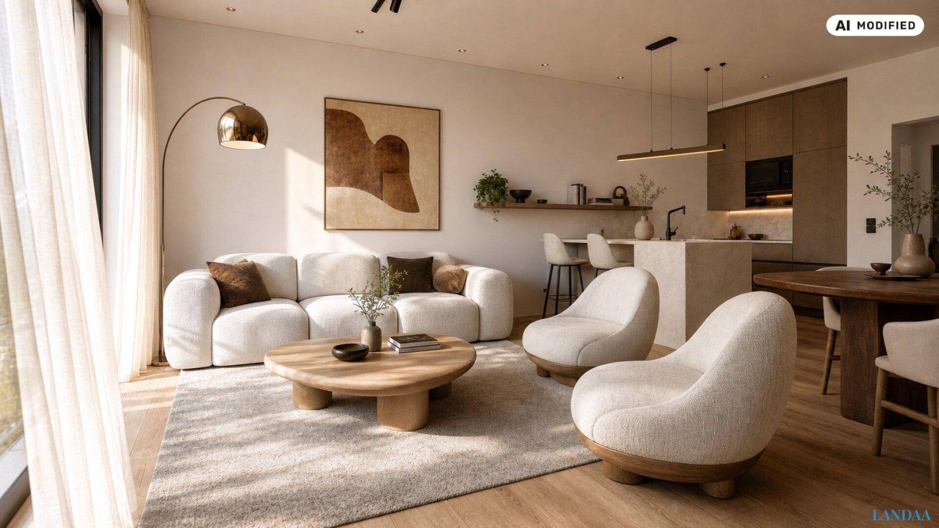 Offener Wohnbereich mit bequemen Sofas, stilvollen Sesseln und integrierter moderner Küche.