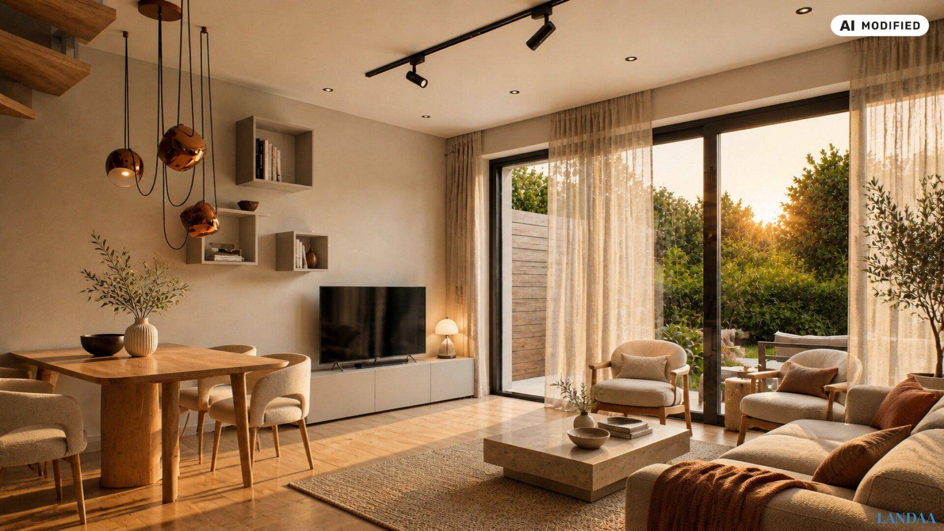 Heller Wohn- und Essbereich mit modernem Esstisch, bequemer Couch und Zugang zum Garten.