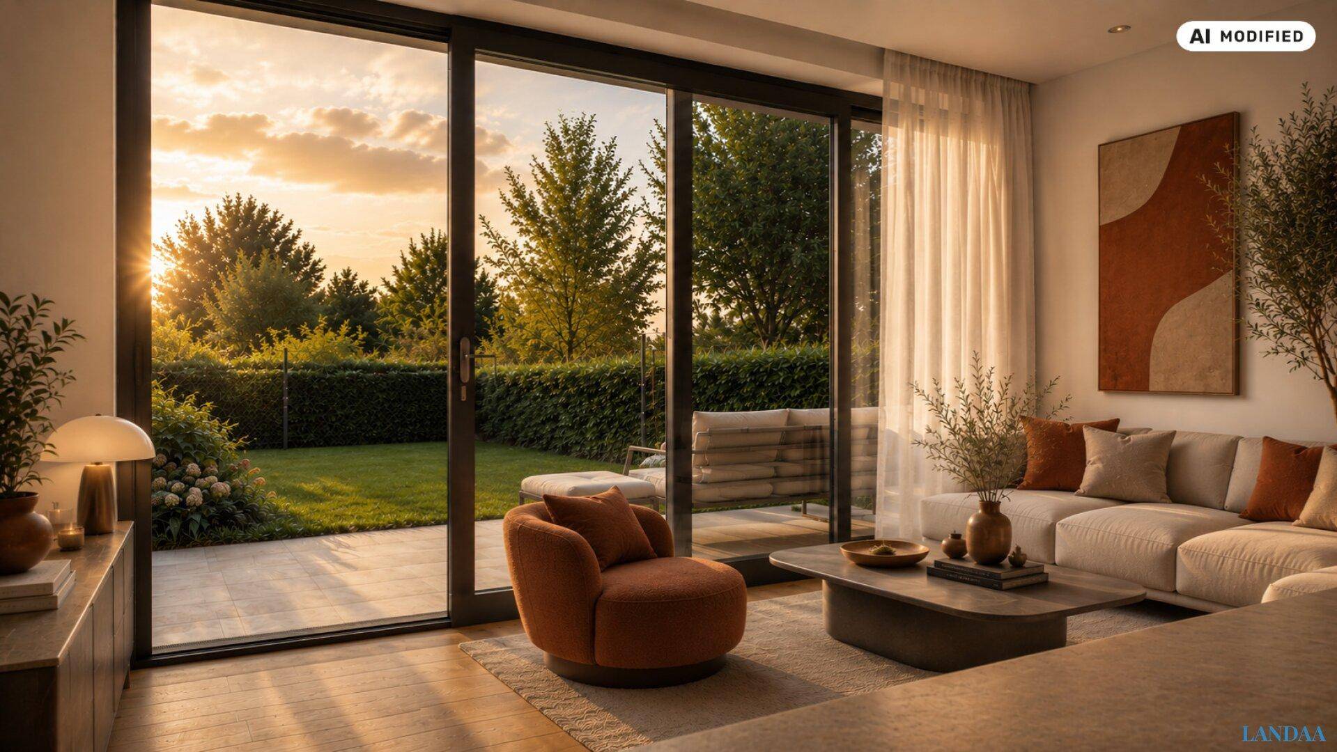 Gemütliches Wohnzimmer mit großen Glasschiebetüren, die zum Garten und zur Terrasse führen.