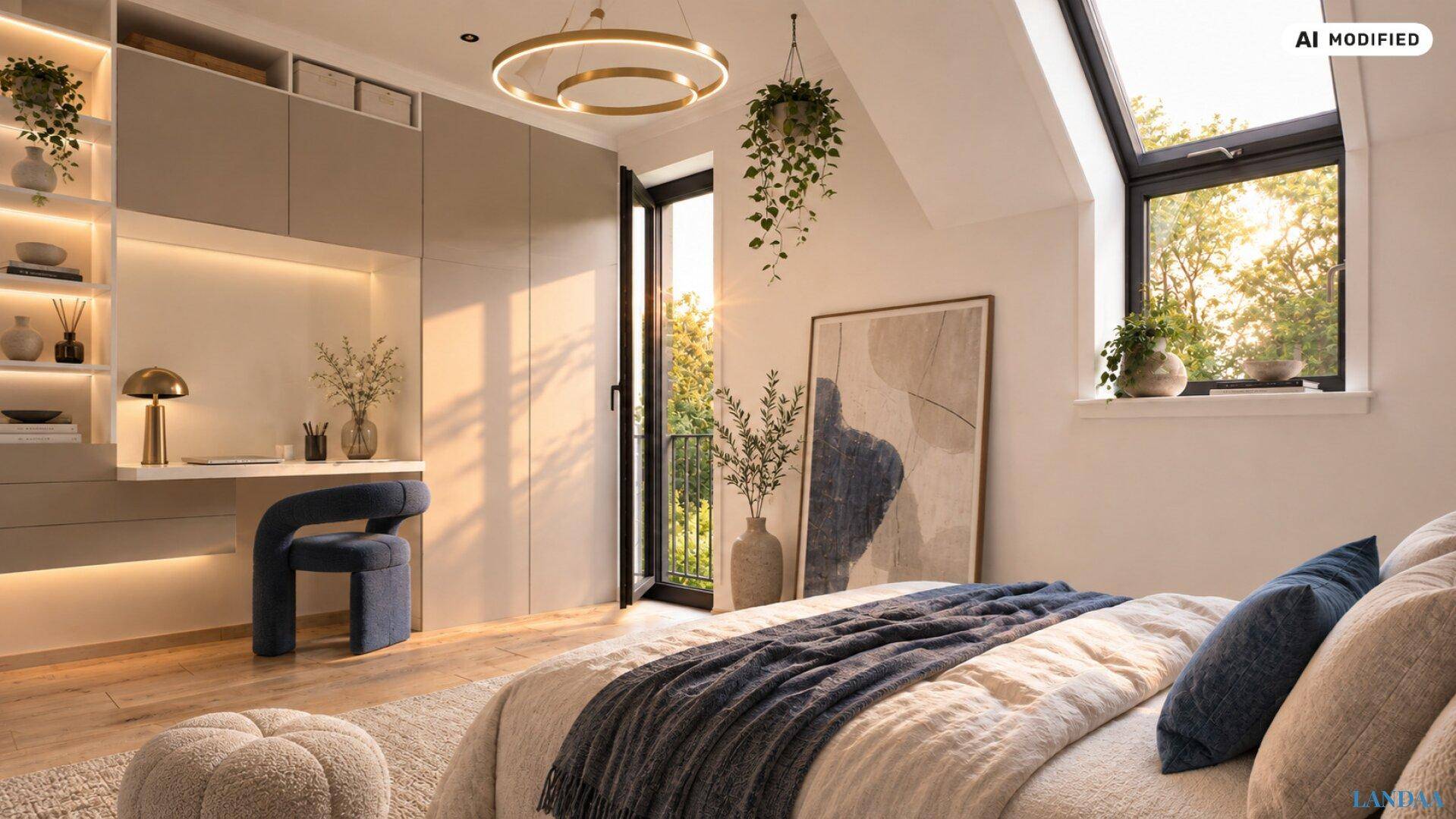 Helles Schlafzimmer mit Dachfenstern, integriertem Schreibtisch und Zugang zu einem französischen Balkon.