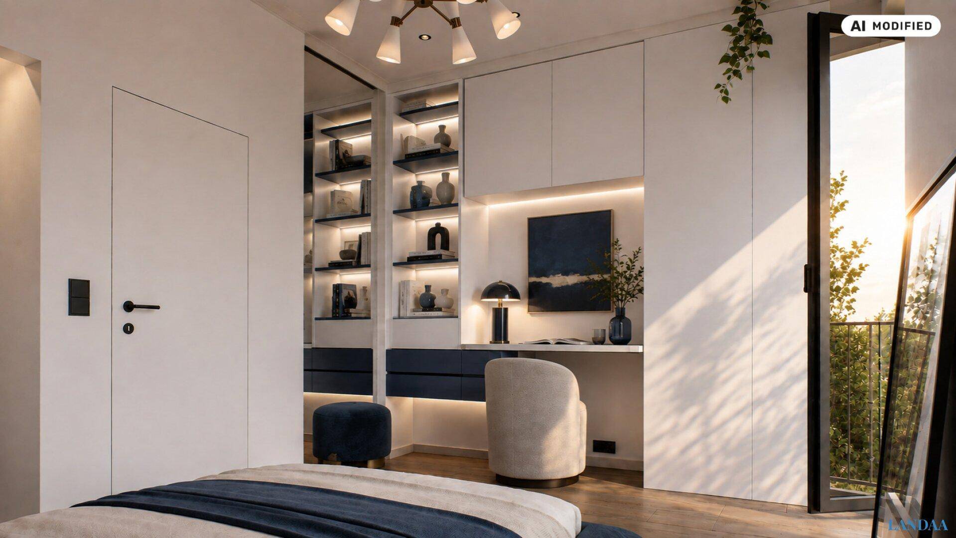 Modernes Schlafzimmer mit eleganten Einbauschränken, Schreibtisch und Zugang zum Balkon.