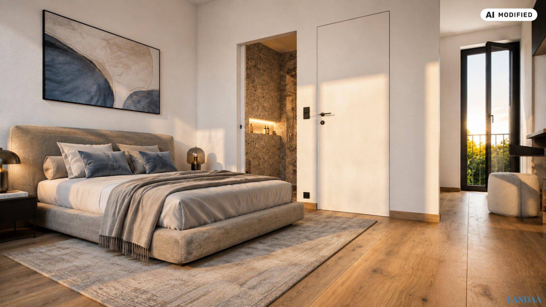 Geräumiges Schlafzimmer mit Holzboden und offenem Zugang zu einem modernen Badezimmer.