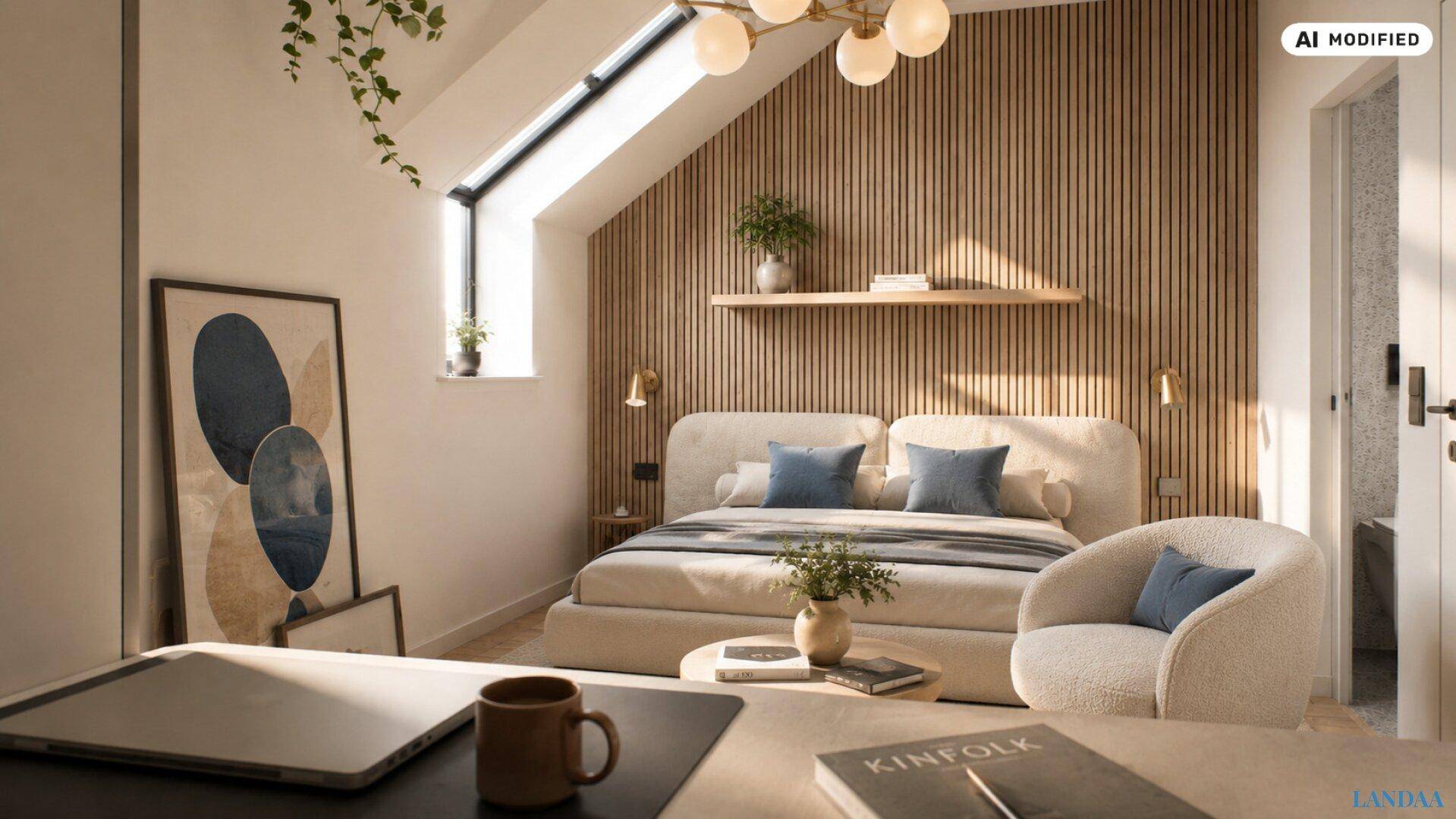 Gemütliches Schlafzimmer mit Holzwandverkleidung, Dachfenster und modernem Bett.