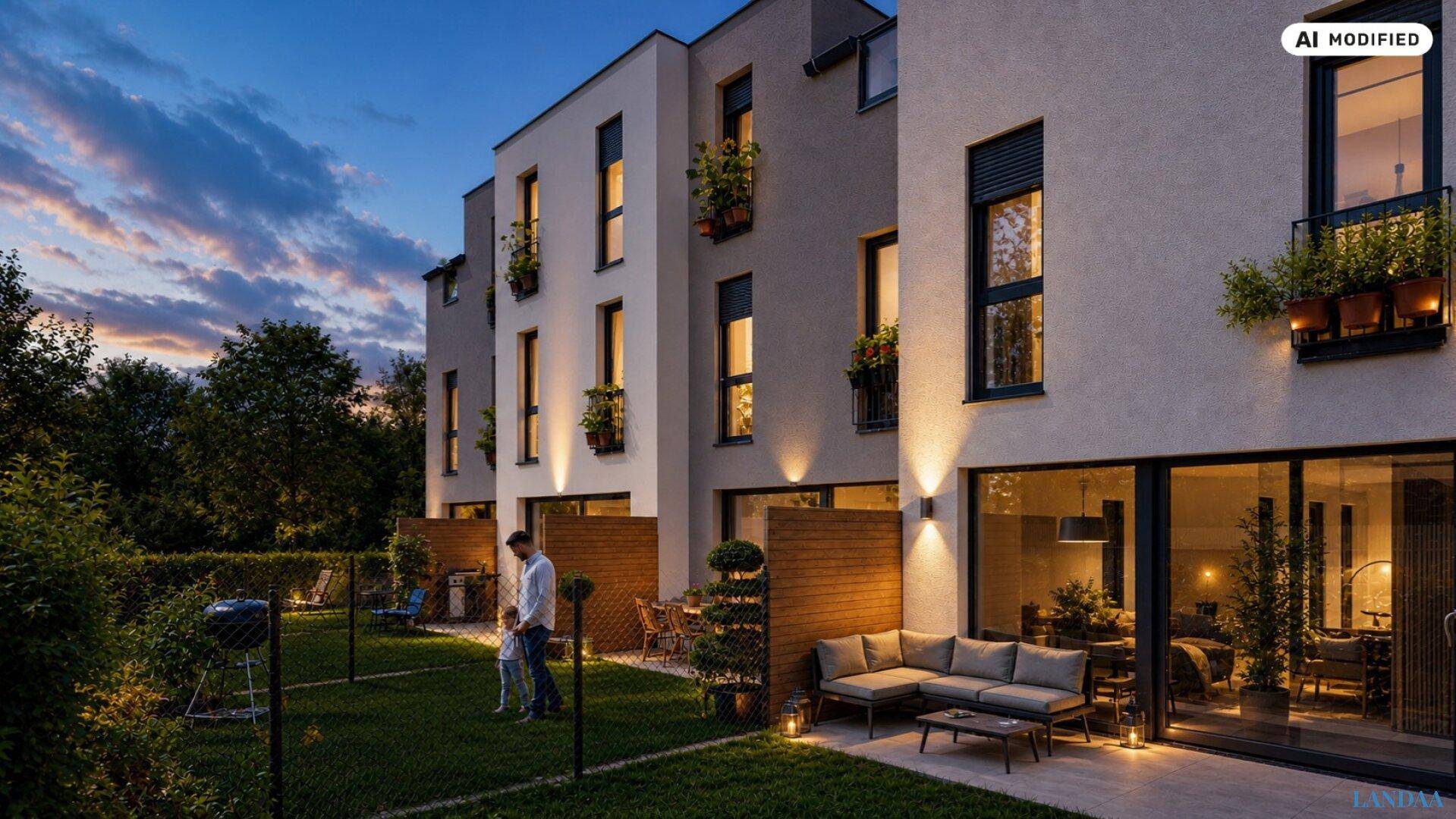 Moderne Reihenhäuser mit beleuchteten Gärten und Terrassen in der Nacht.