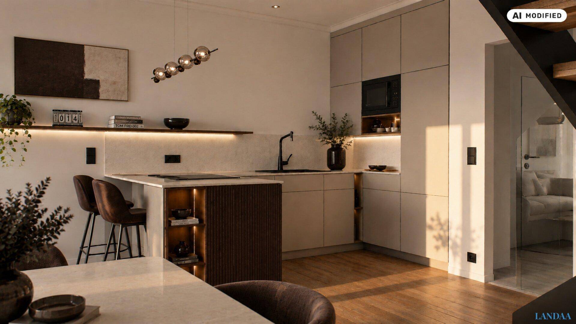 Moderne Einbauküche mit Kücheninsel, integrierten Geräten und stilvoller Beleuchtung.