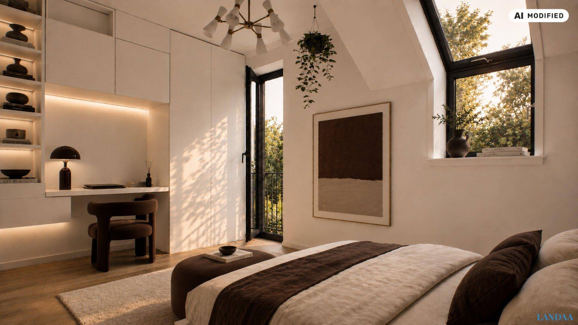 Modernes Schlafzimmer mit Schreibtisch, Einbauschränken und französischem Balkon.