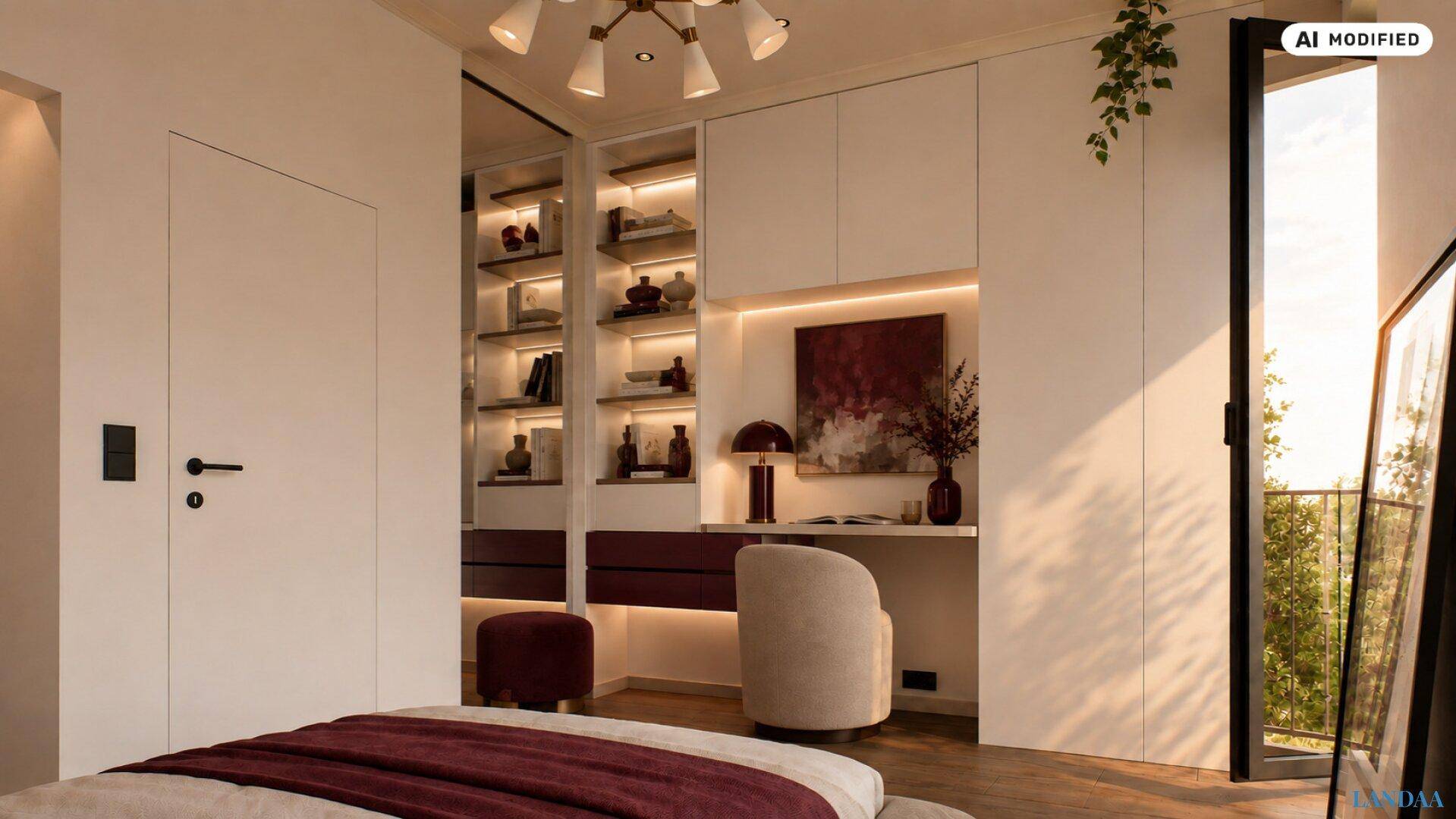 Elegantes Schlafzimmer mit integrierten Schränken, Schreibtisch und Zugang zum Balkon.
