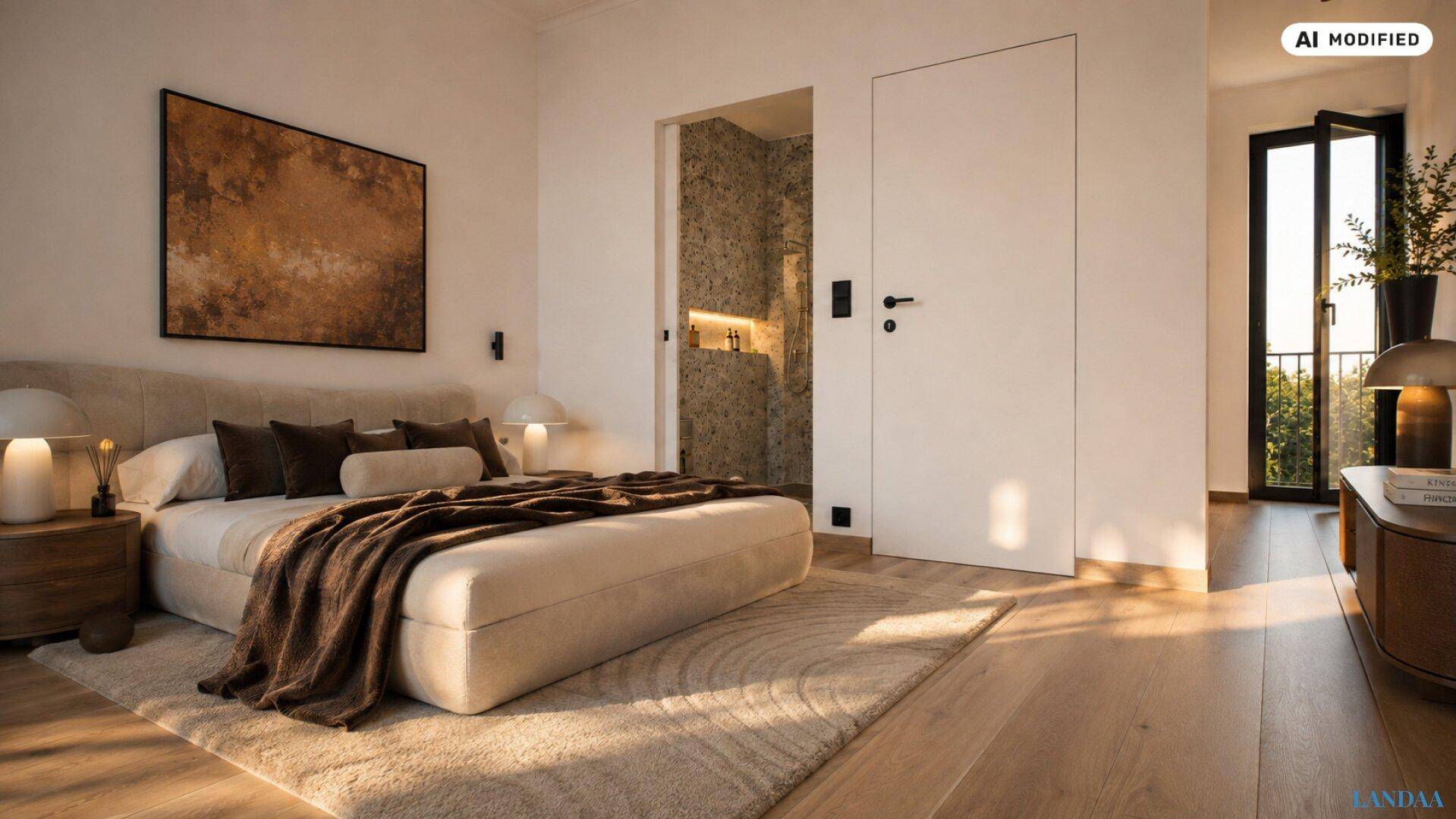 Helles Schlafzimmer mit Doppelbett, Holzboden und Zugang zu einem angrenzenden Bad.