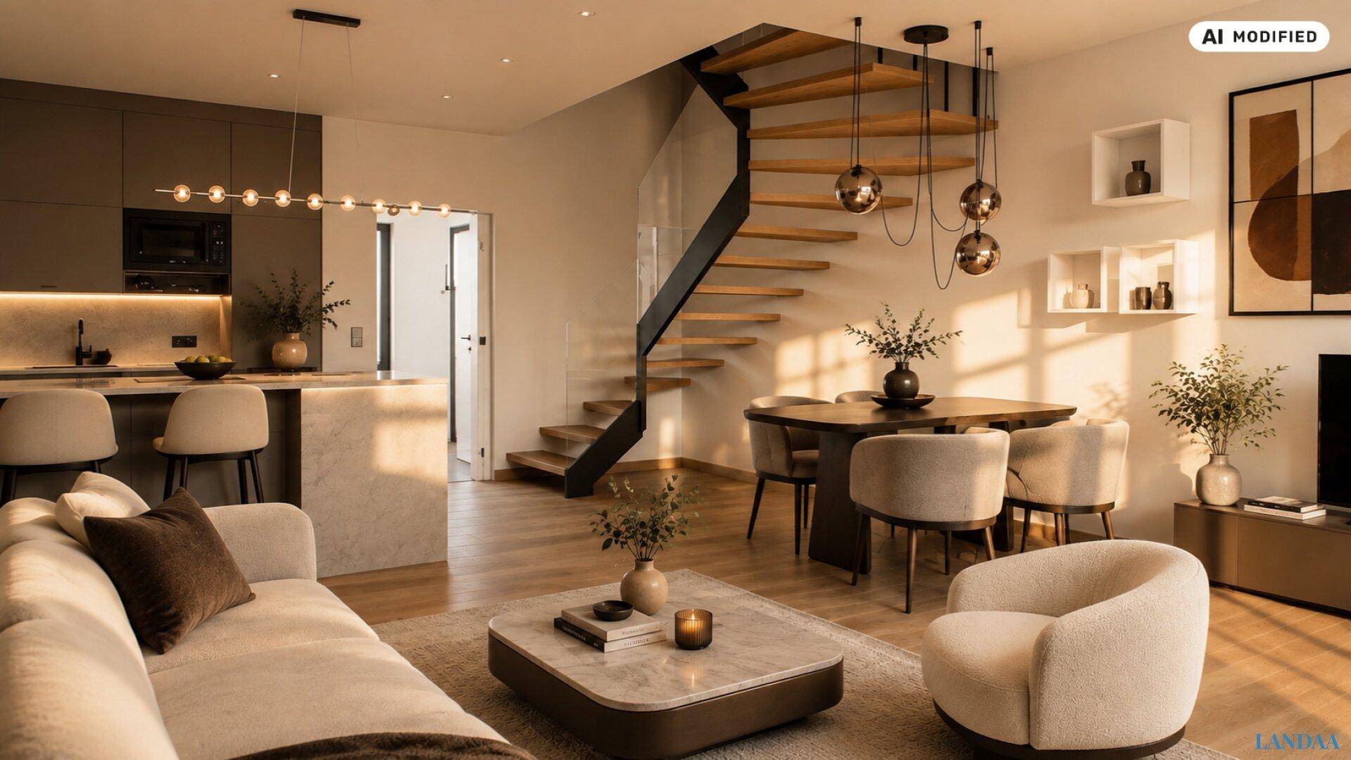Offener Wohnbereich mit moderner Küche, Essbereich und eleganter Wendeltreppe.