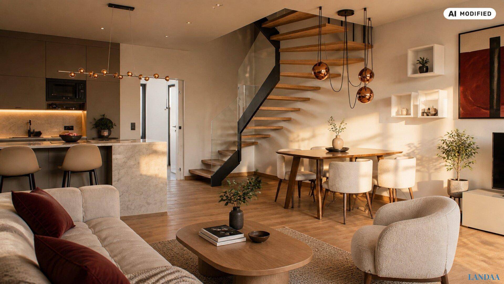 Offener Wohnbereich mit moderner Küche, Essbereich und eleganter Holztreppe.