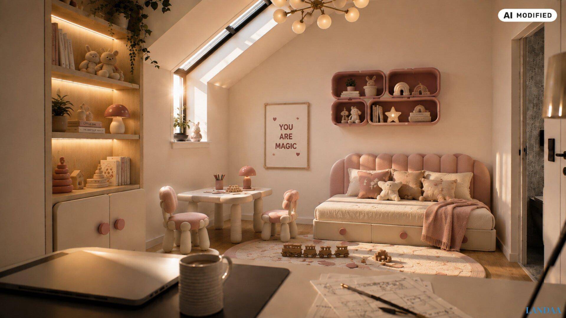 Kinderzimmer im Dachgeschoss mit Spielbereich, Dachfenster und rosa Dekoration.