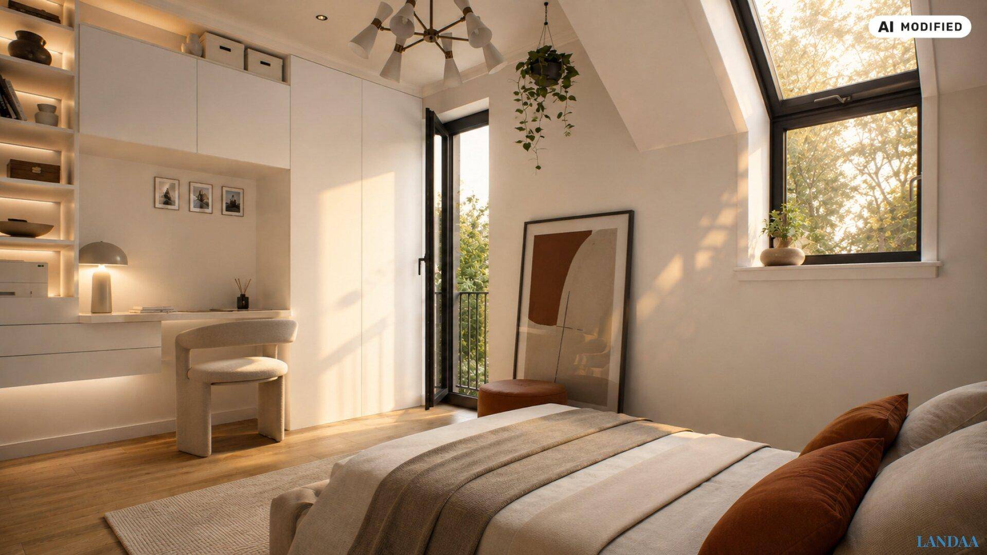 Helles Schlafzimmer im Dachgeschoss mit Schreibtisch, Einbauschränken und französischem Balkon.