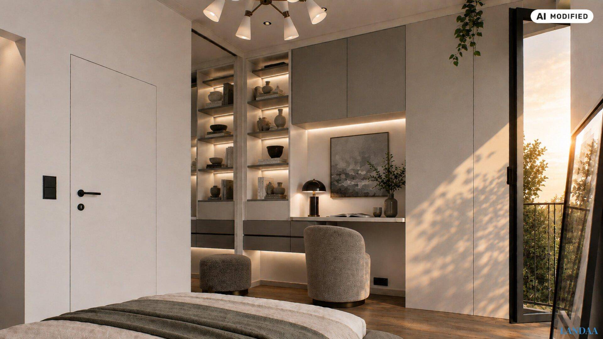 Schlafzimmer mit Einbauschränken, Schreibtisch und Zugang zu einem französischen Balkon.