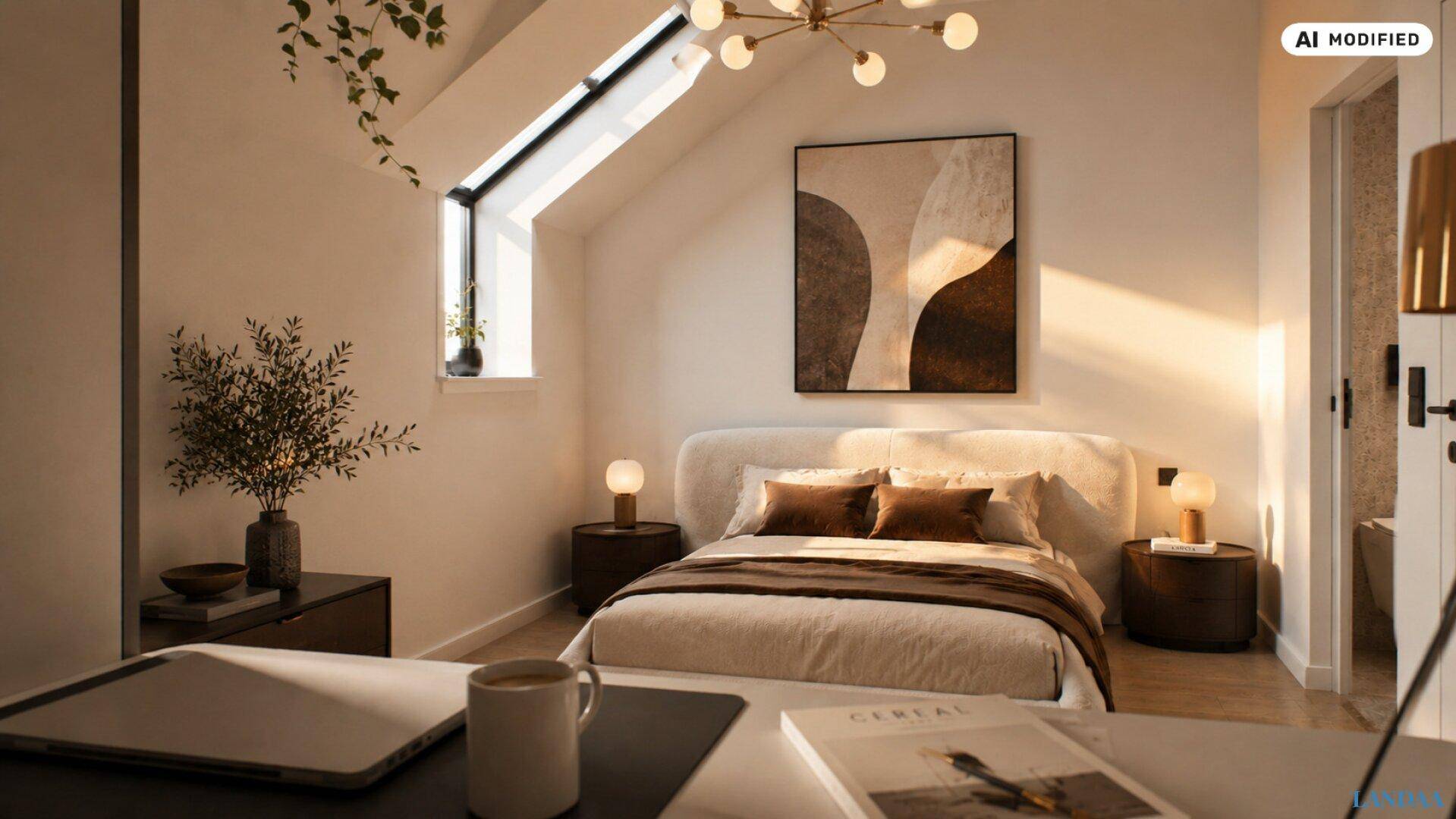 Gemütliches Schlafzimmer im Dachgeschoss mit Doppelbett, Holzboden und Dachfenster.
