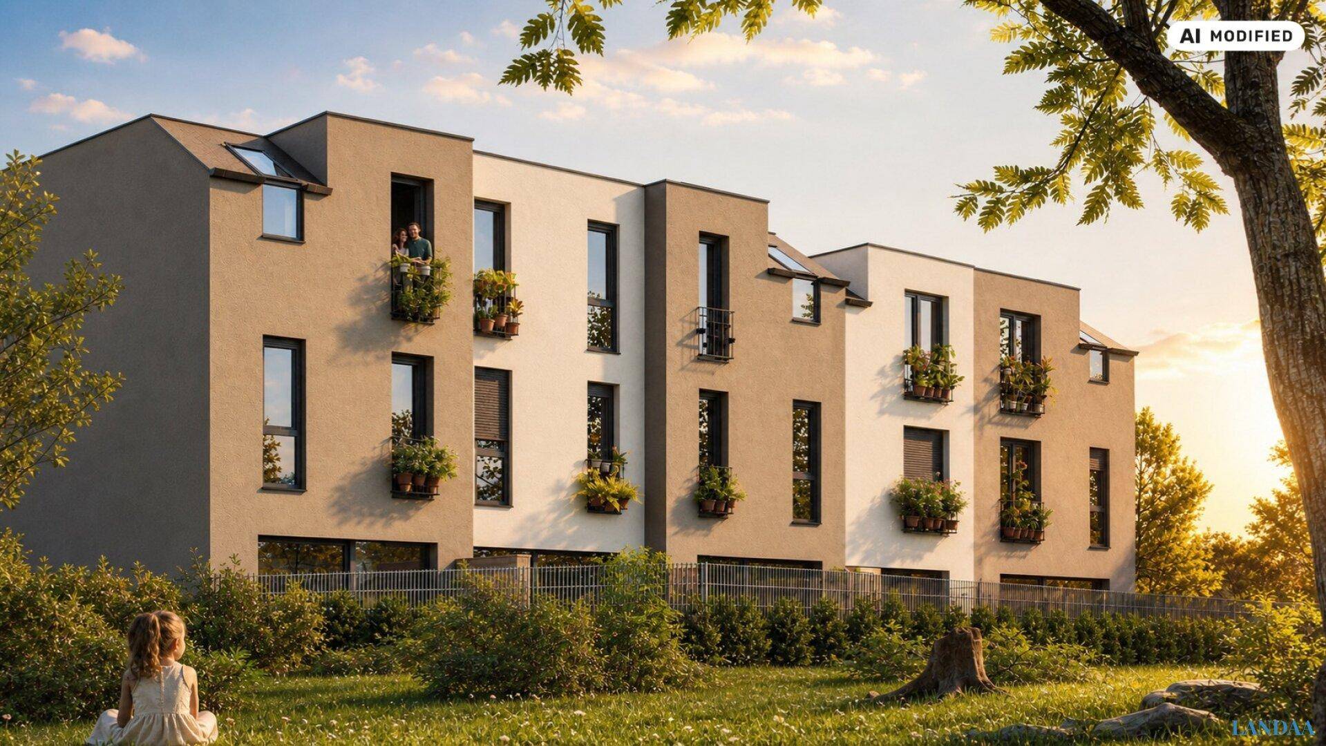 Moderne Reihenhäuser mit Balkonen und grüner Umgebung unter einem klaren Himmel.