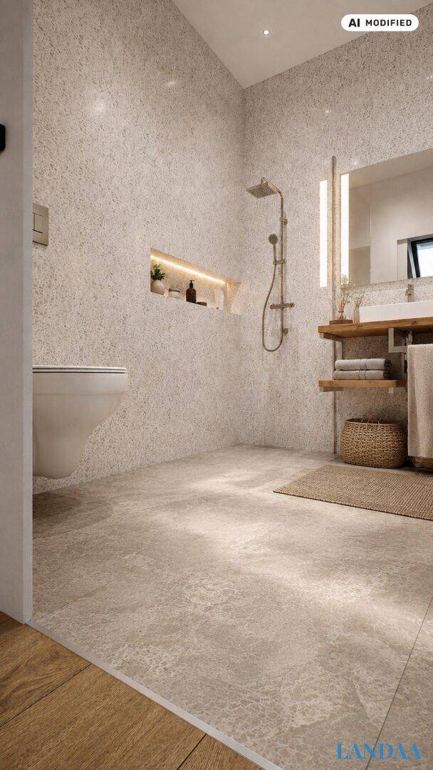Modernes Badezimmer mit begehbarer Dusche, Wand-WC und großformatigen Fliesen.