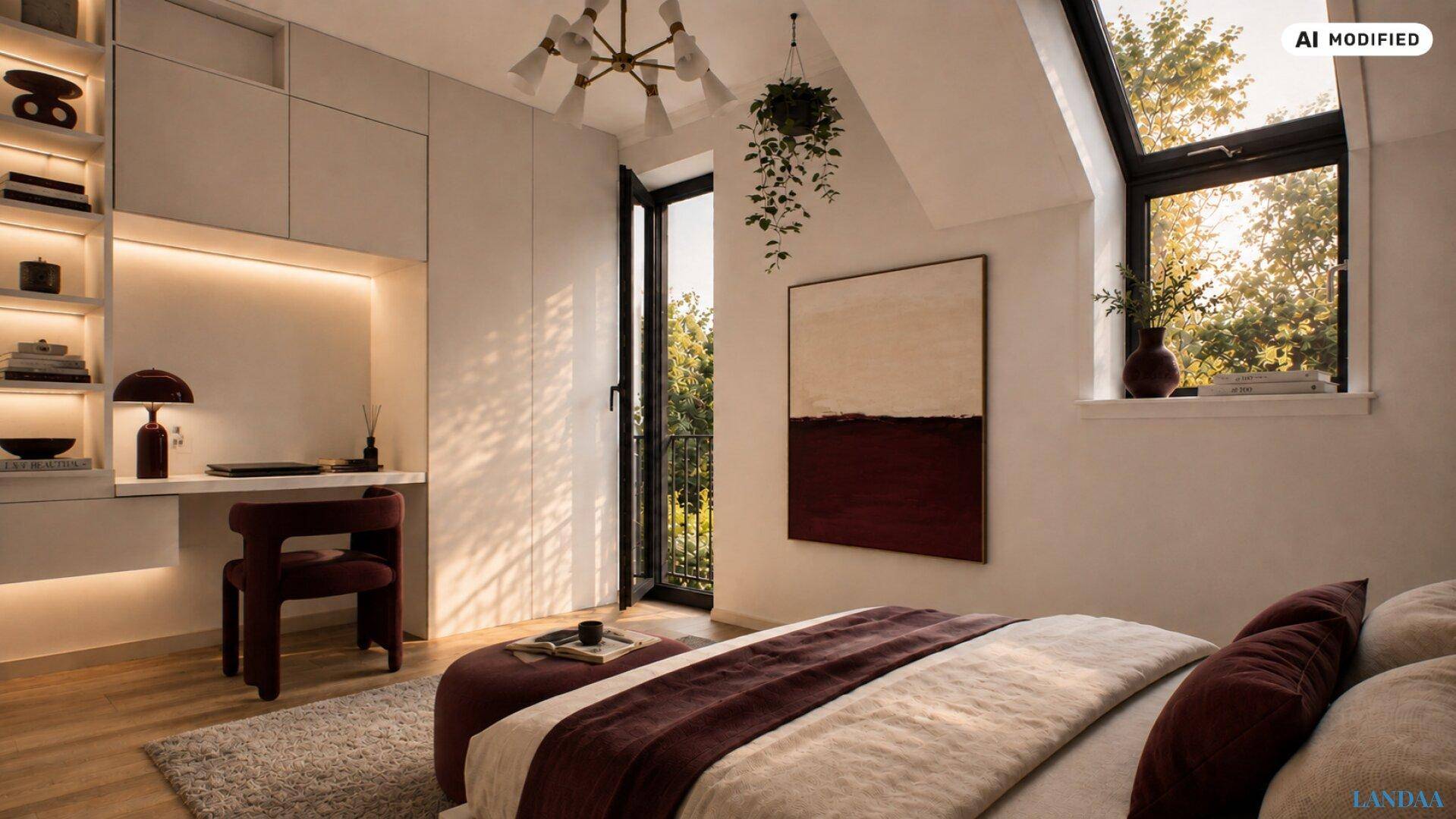 Gemütliches Schlafzimmer mit Dachschräge, Schreibtisch und großem Dachfenster.