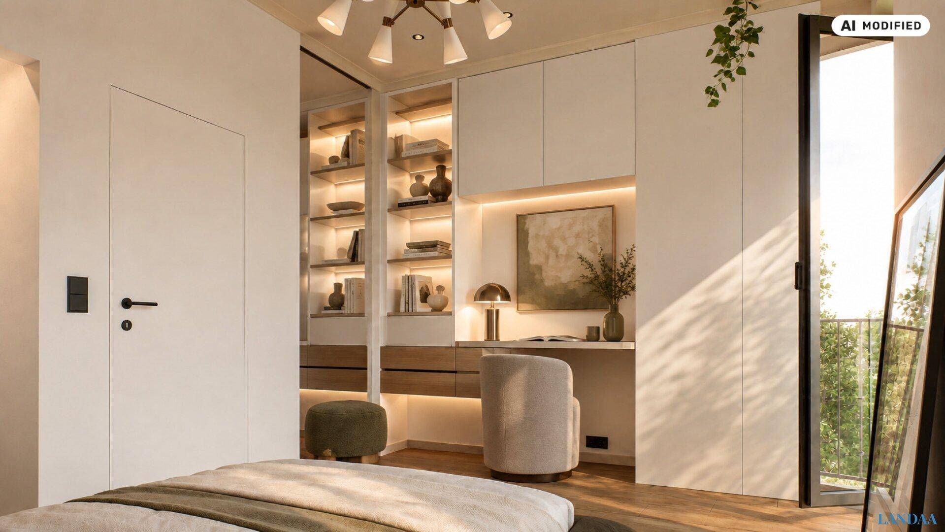 Modernes Schlafzimmer mit integrierten Schränken, Schreibtisch und Zugang zum Balkon.