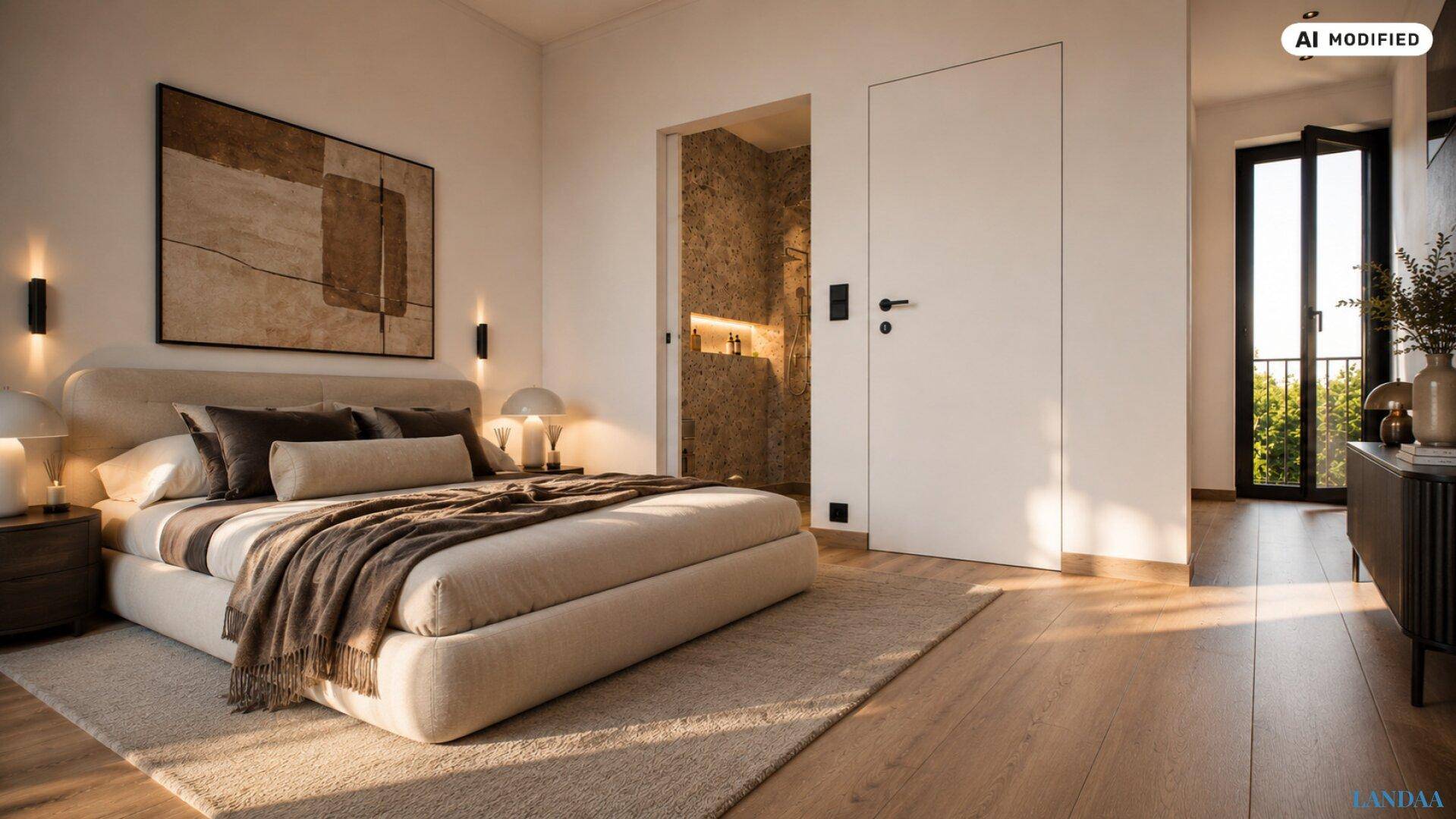 Modernes Schlafzimmer mit Holzboden, Zugang zum Balkon und angrenzendem Badezimmer.