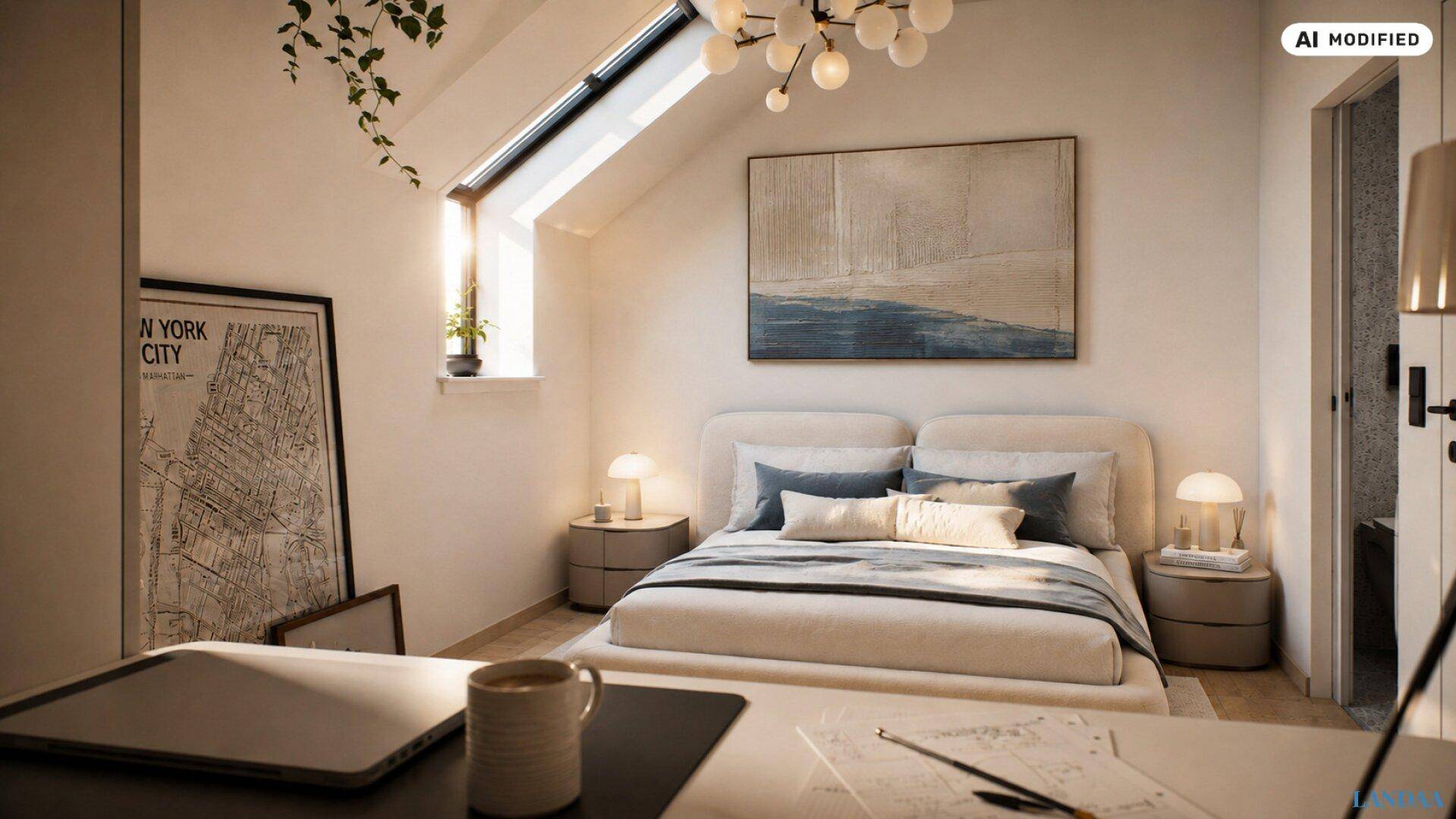 Helles Schlafzimmer mit Dachschräge, Schreibtisch und gemütlichem Bett.