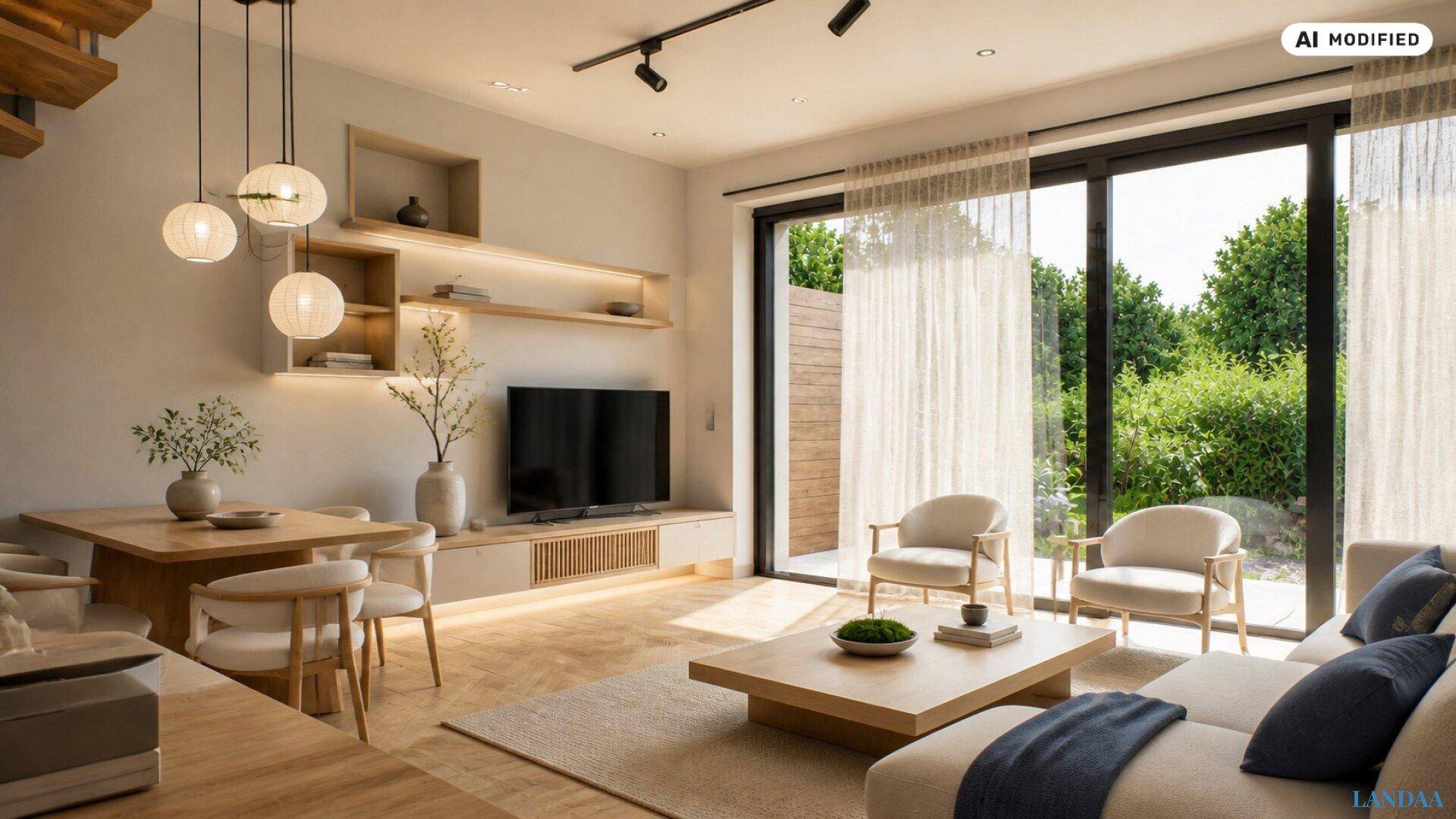 Helles Wohnzimmer mit Essbereich, Holzboden und Zugang zu einem privaten Außenbereich.