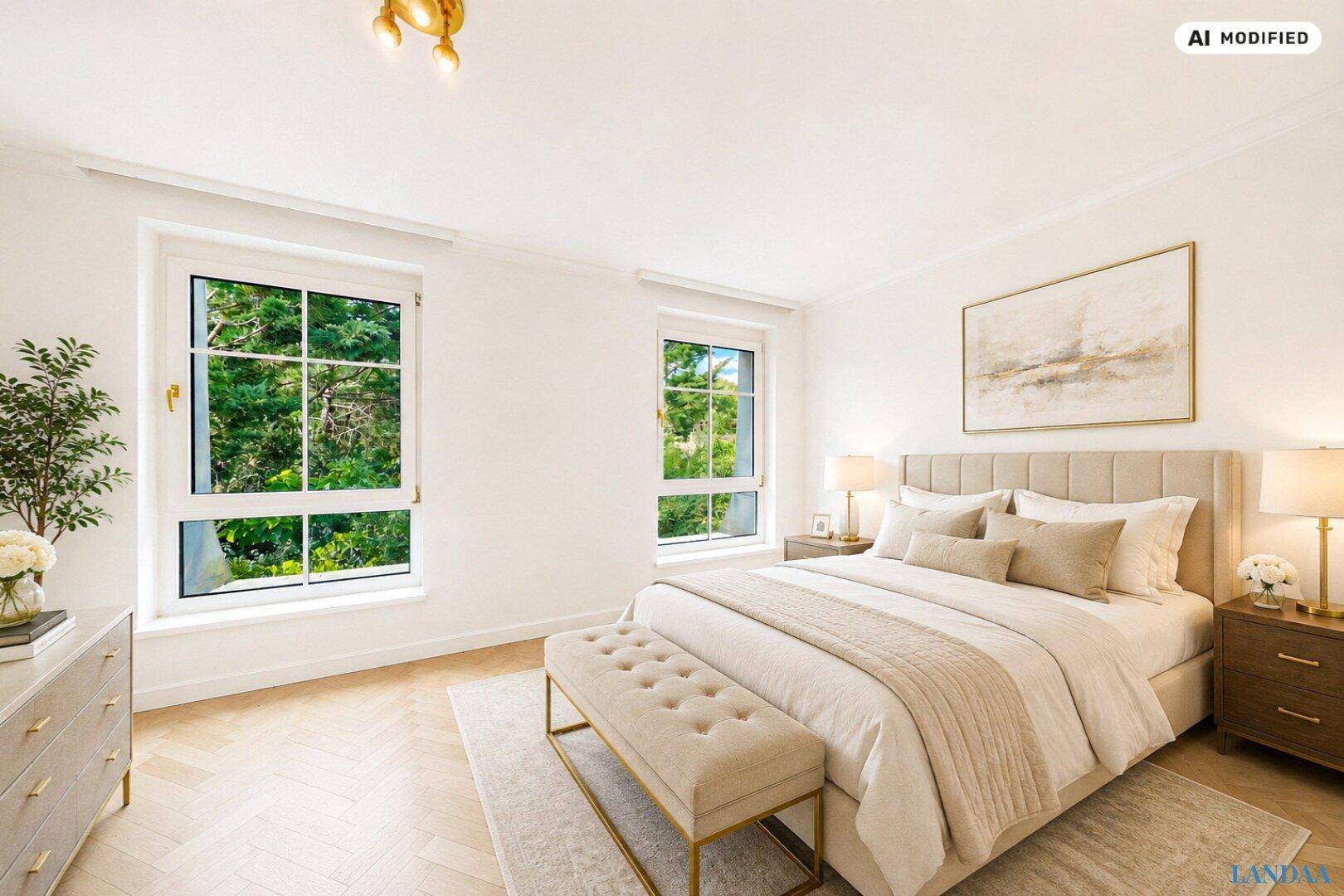 Helles Schlafzimmer mit modernem Bett, Nachttischen und Blick ins Grüne durch große Fenster.