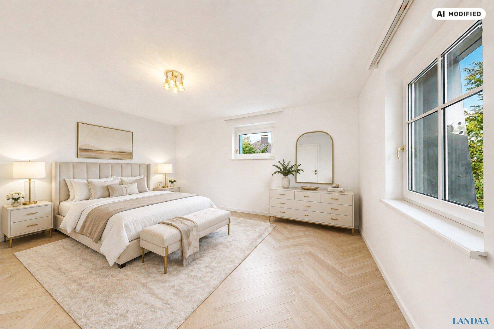 Geräumiges Schlafzimmer mit hellem Interieur, Fischgrätparkett und Fenster mit Blick nach draußen.