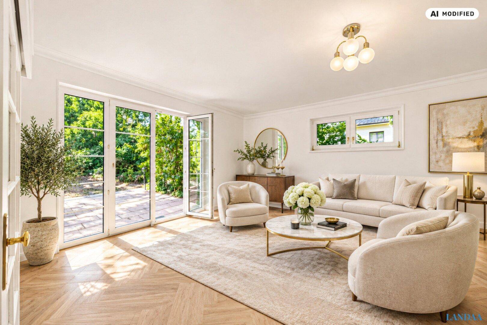 Helles Wohnzimmer mit modernem Interieur, Fischgrätparkett und Zugang zum Garten durch große Fenstertüren.