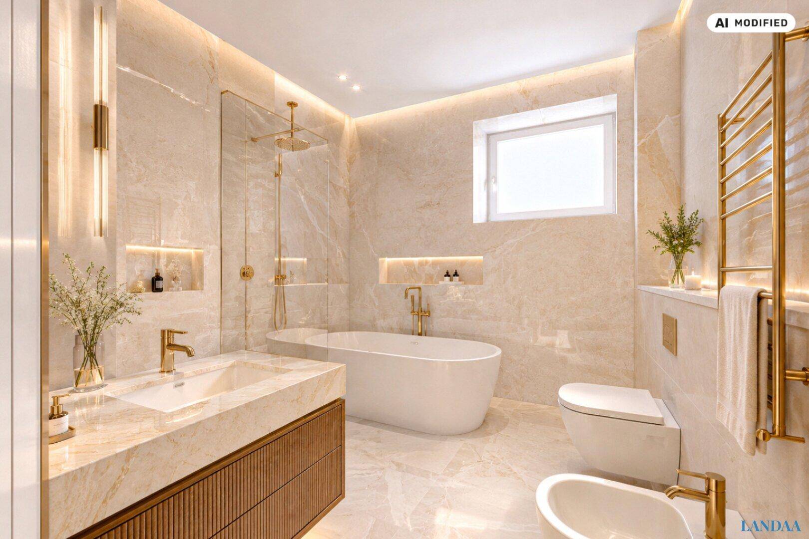 Luxuriöses Badezimmer mit freistehender Badewanne, großer Dusche, Marmorfliesen und goldenen Armaturen.