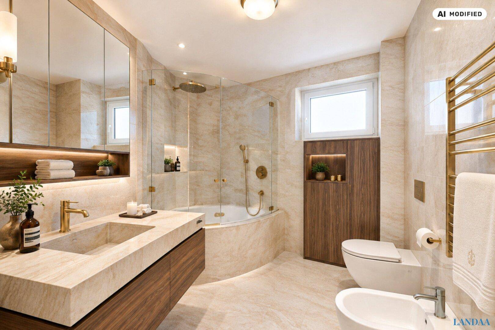 Elegantes Badezimmer mit Dusche, Badewanne, Marmorwaschtisch und goldenen Akzenten.